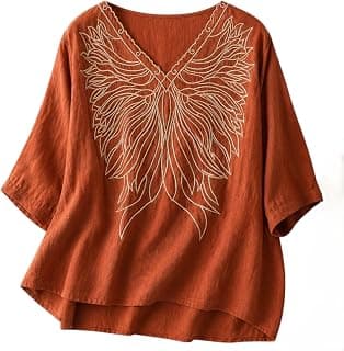 RIEKA Women's Embroidered Top for Women, Maroon V Neck Rayon, 3/4 Sleeve Casual Loose Fit Tunic, Boho Blouse for Women, Korean Style