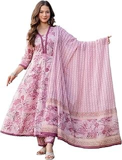 MANHAREE Women's Cotton Anarkali Pink Kurta Pant with Dupatta Set