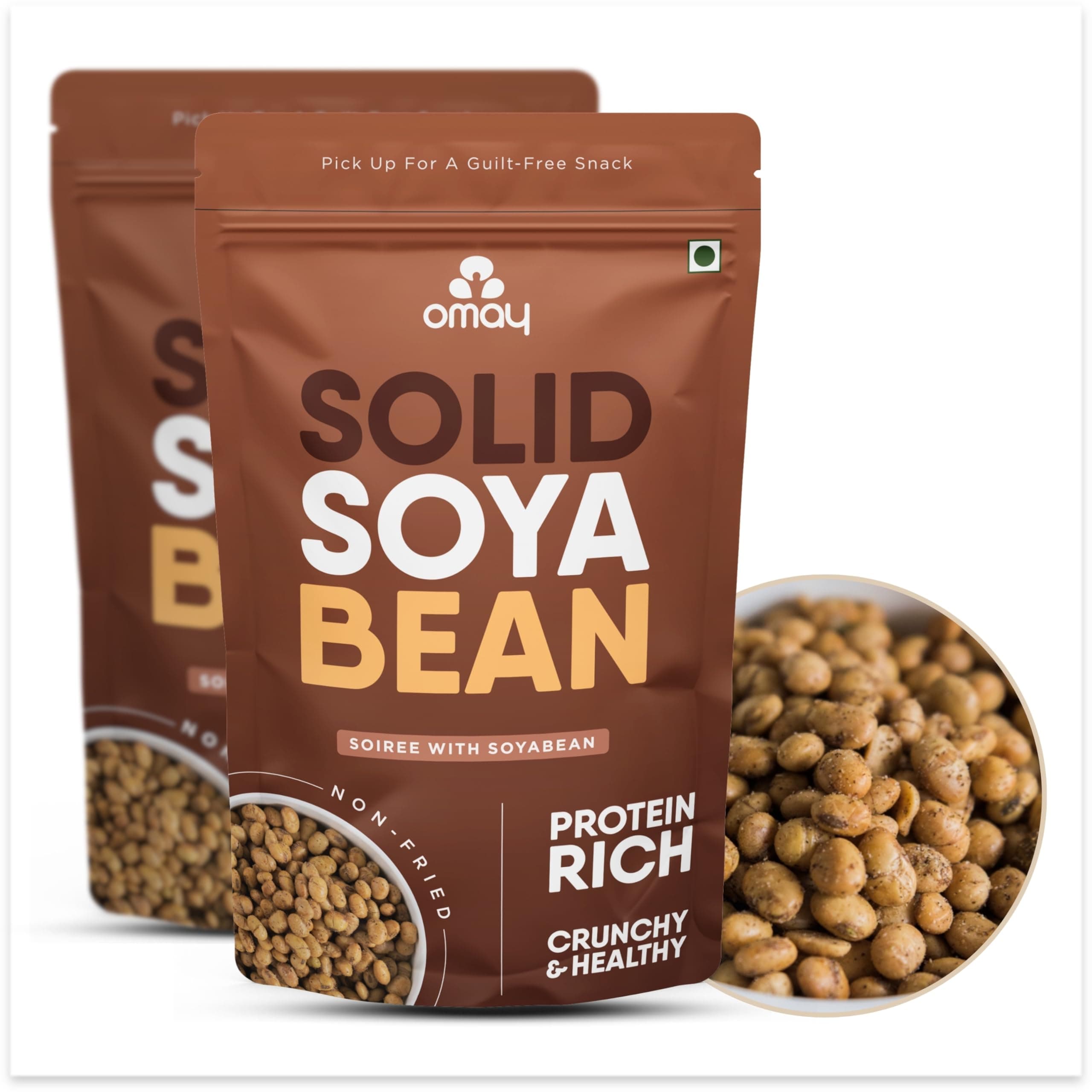 Omay Foods Roasted Soyabean, 400g Pouch (Pack of 2) | 46g Protein | Roasted Not Fried, Oil-Free, Cholesterol-Free | Healthy Snack for Weight Loss | Vegan | Gluten-Free | Namkeen