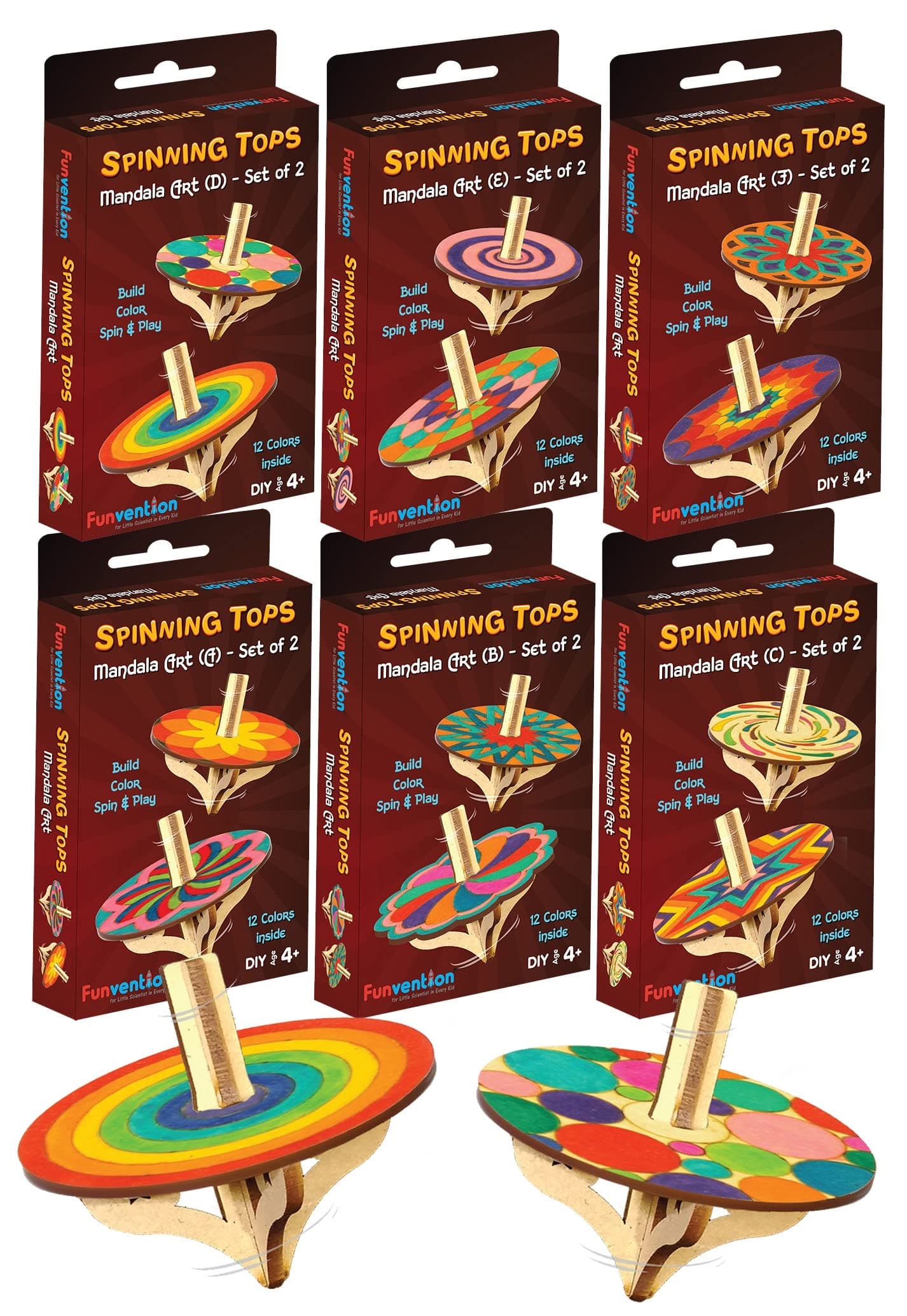 Funvention DIY Spinning Top Kits (Mandal Art) Pack of 6 - Build, Color, Play, Art & Craft Coloring Activity Birthday Return Gifts Party Pack Return Favors for Kids (2 Tops & 8 Colors Per Pack)