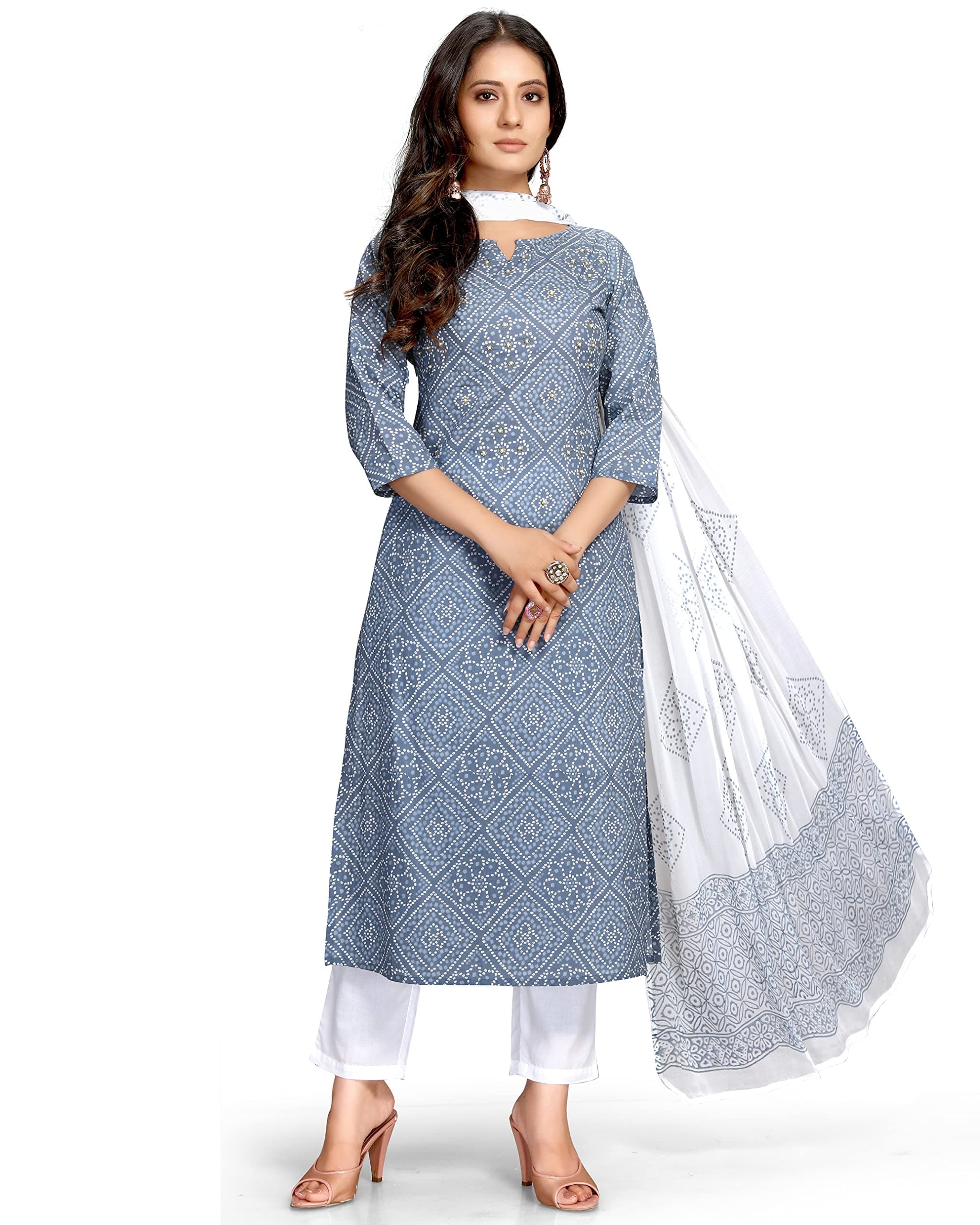 Monira Women's Pure Cambric Cotton Embroidered Kurta Set with Dupatta (MONVL212-3XL_Grey & White_3XL)