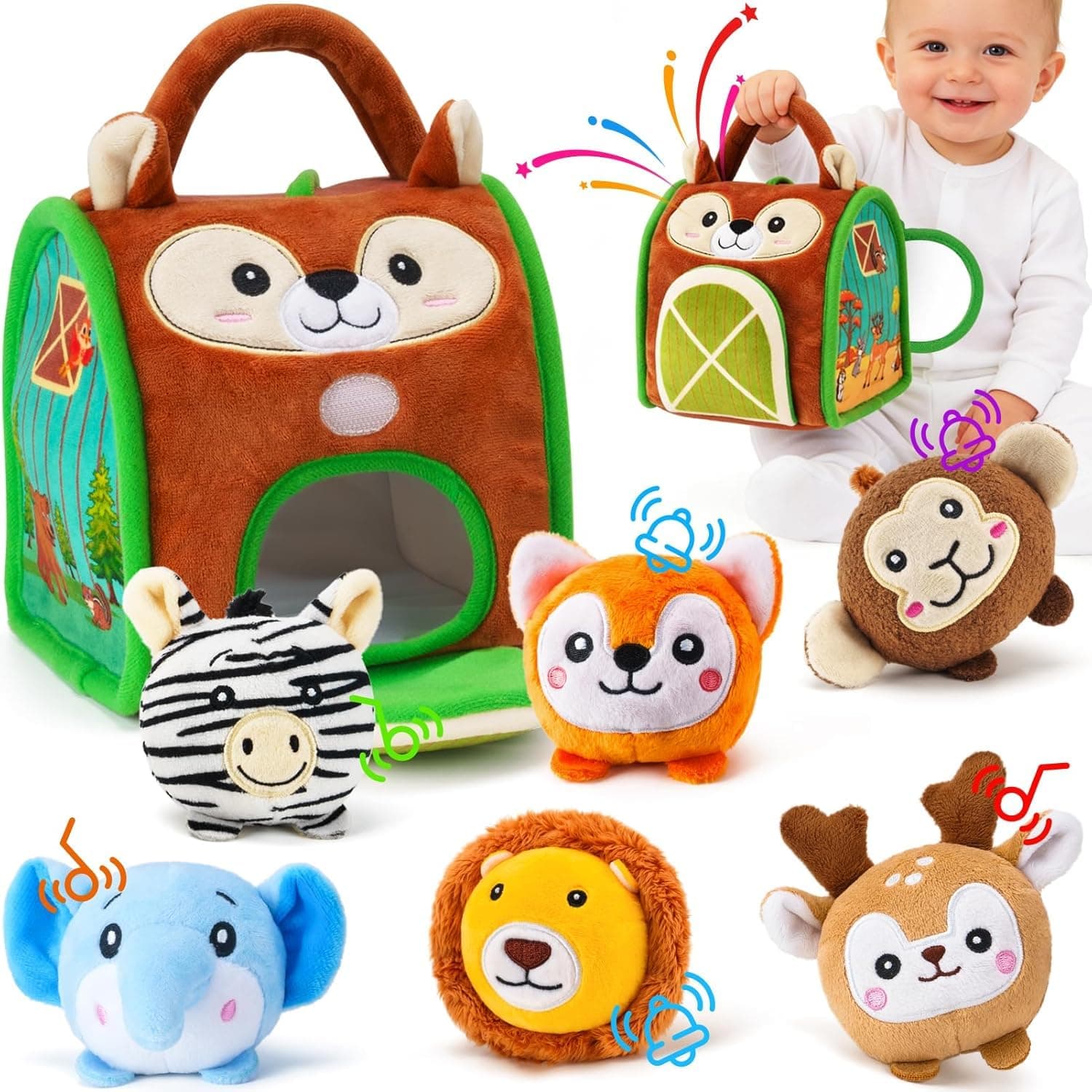 Storio Jungle Woodland House Sensory Plush Animal Toys for Babies, Soft Stuffed with Rattles, Crinkle, Squeak & Mirror, Montessori Learning Toy for Infants Toddlers 6-12 Months, Baby Gift Set