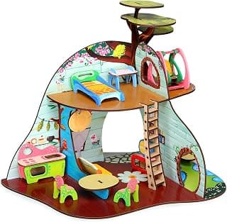 Webby Tree Troopers A Forest Hideout All Side Play Doll House for Girls & Boys DIY Paint Wooden Doll House Toy with Furniture for Kids