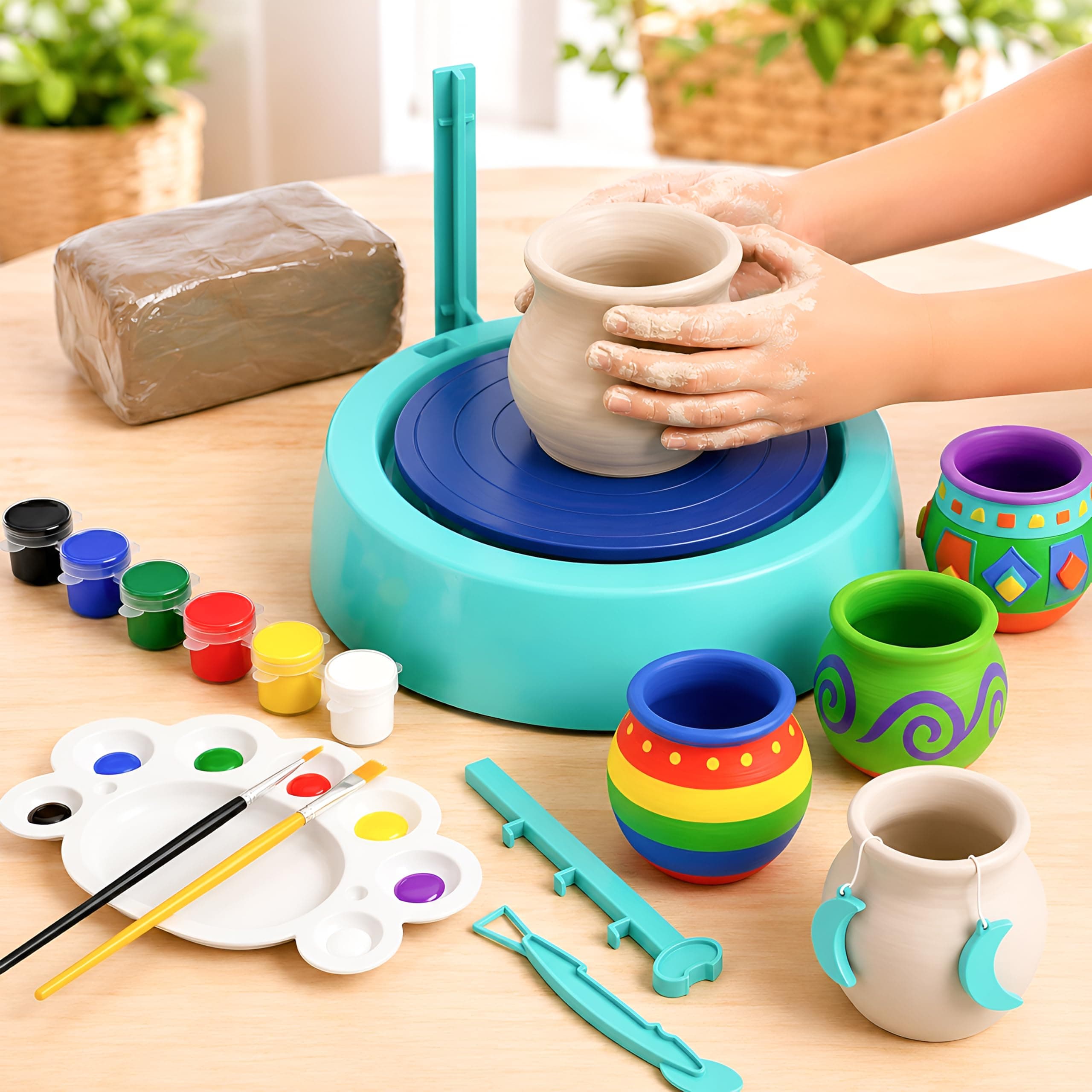Kidsmate Pottery Making Kit for Kids | DIY Art & Craft Clay Kit with Battery Operated Pottery Wheel, Paints, Tools & Brushes | Creative Toys for Kids 6+ Years
