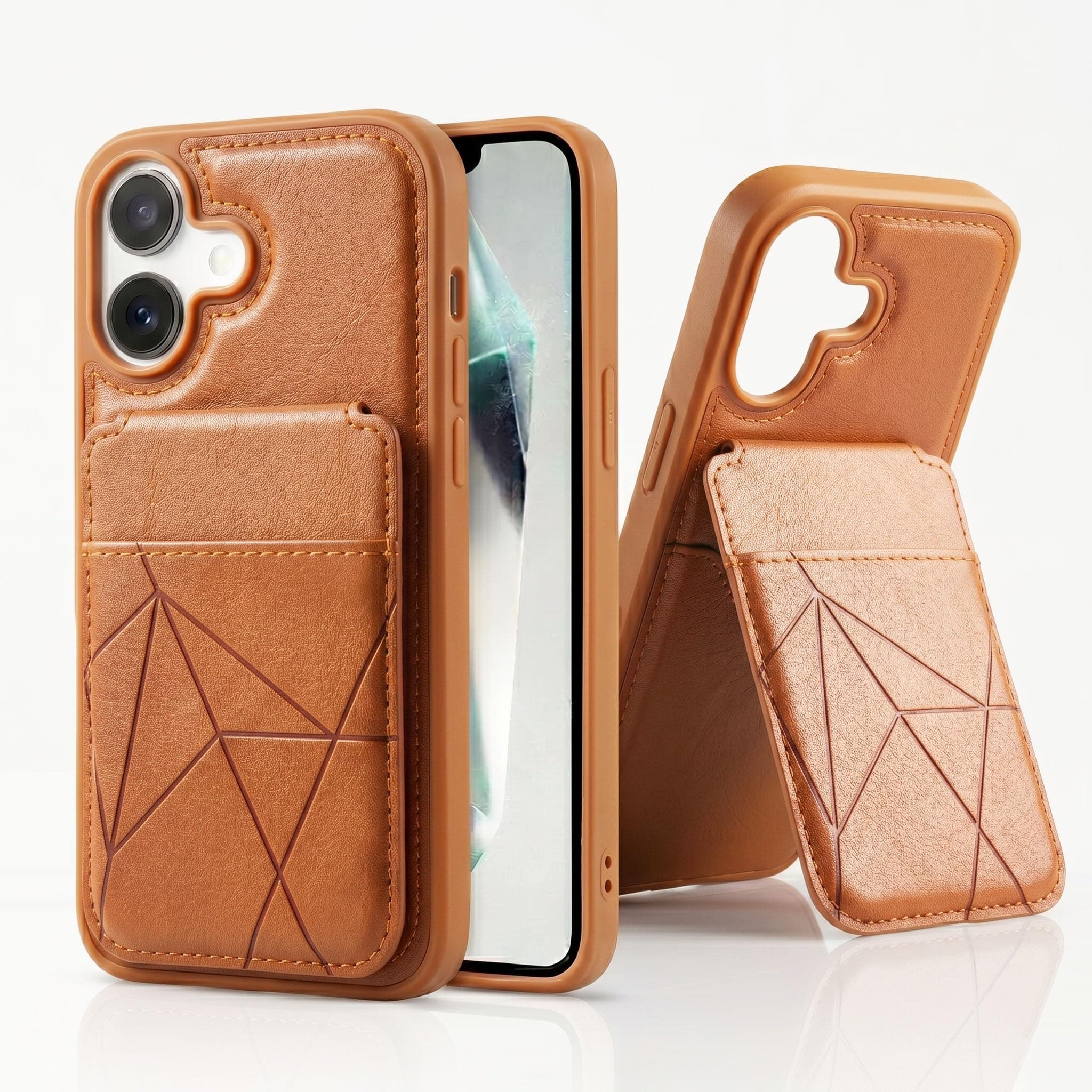 amazon basics Premium Vegan Leather Back Cover with Card Holder and Integrated Mobile Stand for iPhone 16 – Slim Shockproof Wallet Case with Geometric Stitching [Tan]