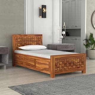 Sheesham Wood Single Size Bed with Storage Box Wooden Cot for Bedroom | Premium Niwar Design Headboard Bed for Living Room | Honey Finish