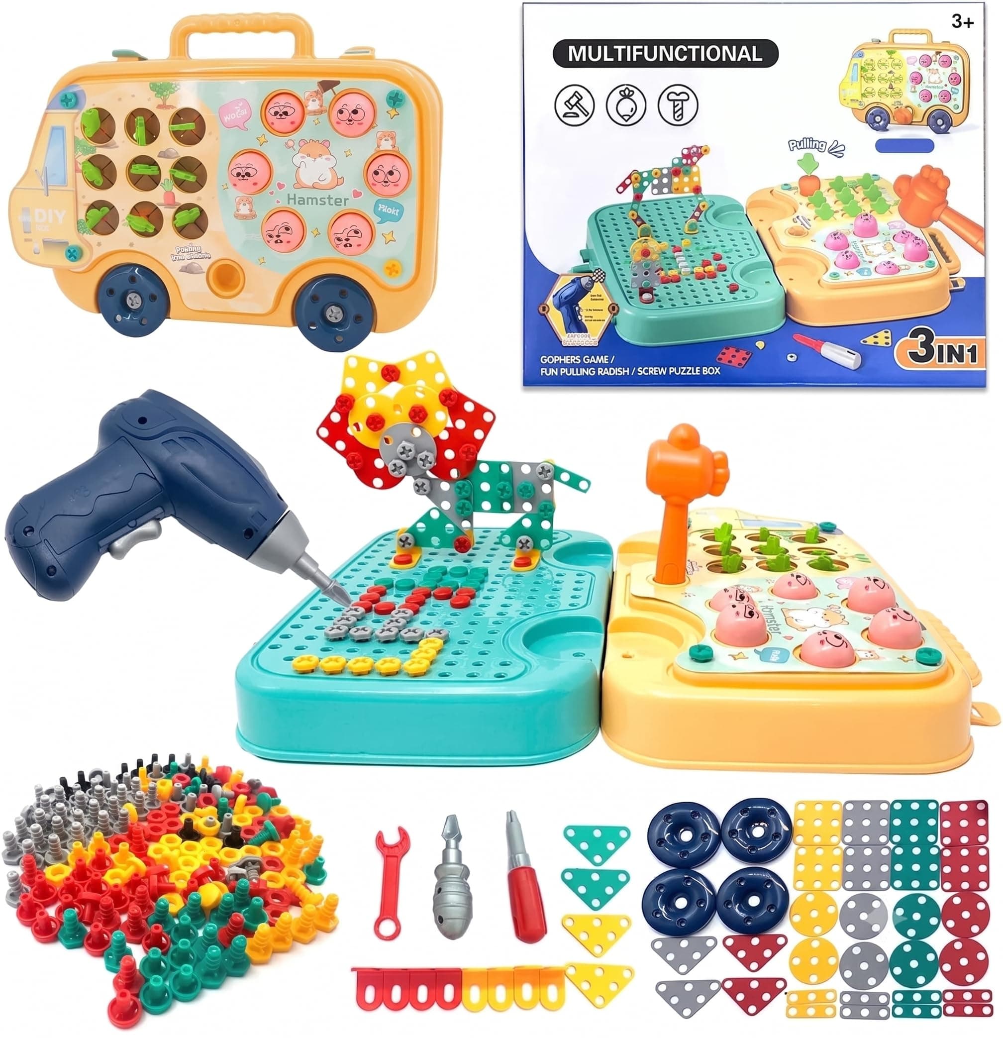 P SQUARE Plastic Electric Drill & Screw Set Design Creative Mosaic Art Puzzle Drilling Toy, Educational Learning Toy Kit - Fun Activity for Kids (Funny CAR Toy), 243 Pcs