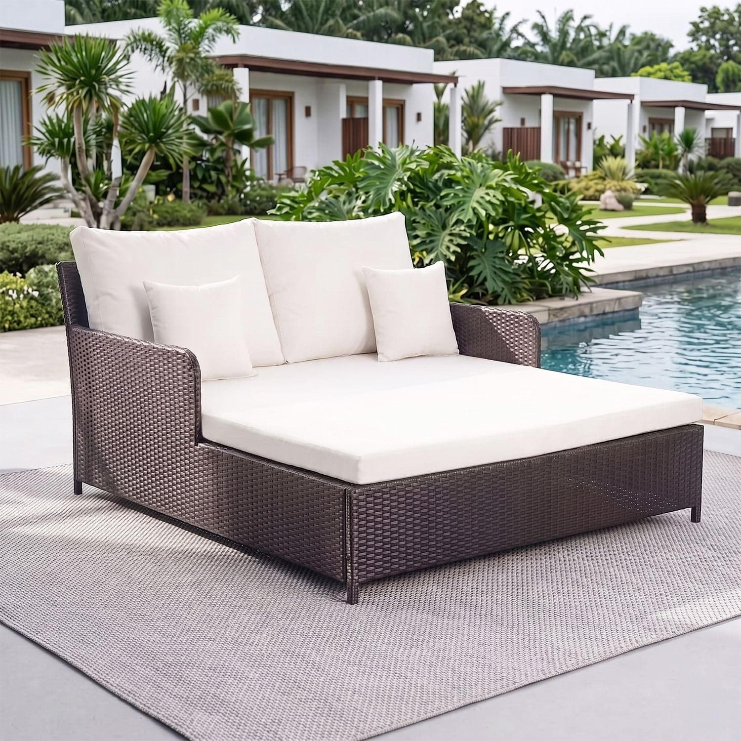 DEVOKO Outdoor Patio Double Seater Daybed for Terrace Gardan Porch with Water Resistant Padded Cushion & and Sturdy Furniture (Dark Bown & Off-White)