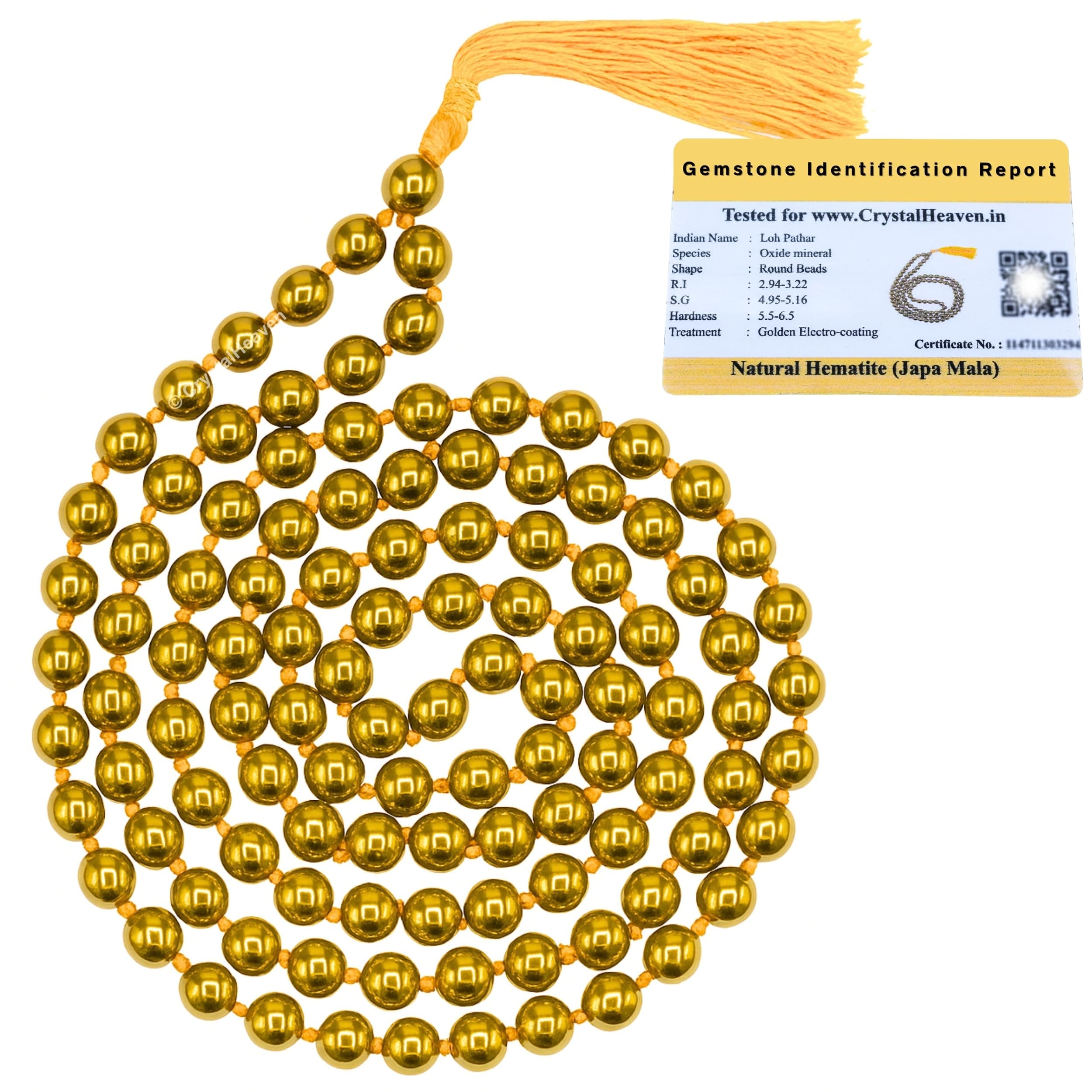 Certified Golden Hematite Crystal Japa Mala Ganthi - 108 Beads Buddhist Prayer Beads - AAA Grade Original Healing Gemstone Agate Mala for Yoga Meditation Spiritual Reiki Feng Shui