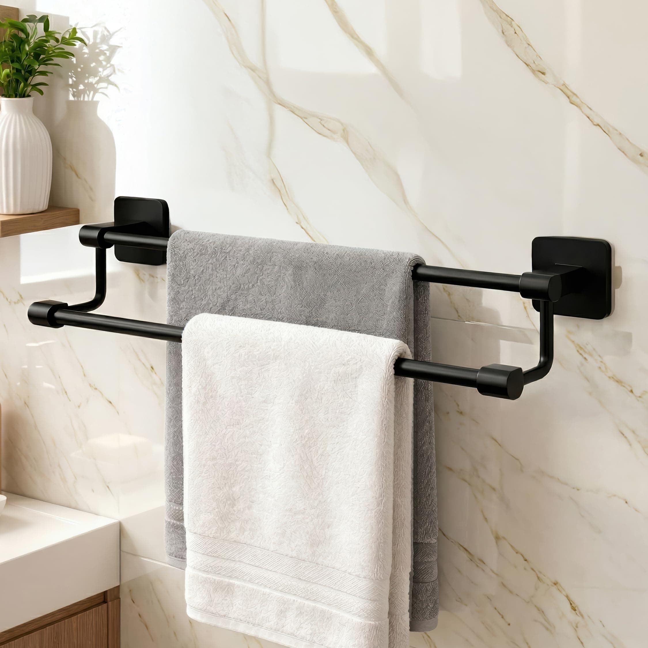 Amazon Basics 24 Inch Bathroom Towel Hanger for Wall – Space Aluminum Towel Rod | Self Adhesive No Drill Rustproof Modern Towel Bar Rack for Bathroom & Kitchen