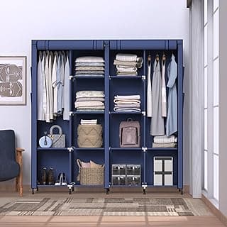 Wardrobe for Bedroom | Foldable Almirah for Clothes Metal | 4-Door 12-Shelf & 2 Hanger Cabinet | Collapsible Storage Rack & Organizer | Navy Blue