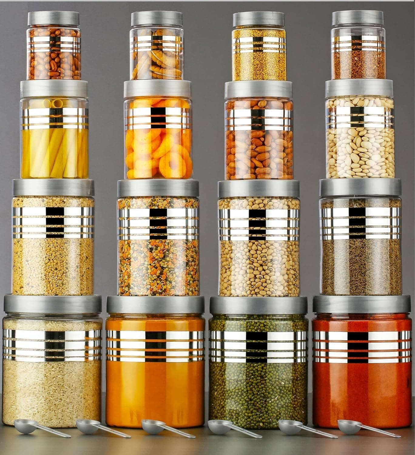 16 Pcs Silver Lid Airtight Containers Set for Kitchen Storage, BPA Free Transparent Plastic Food Storage Boxes, Leakproof Fridge Organizer, Dry Fruit & Grocery Storage Containers Set (Multipurpose)