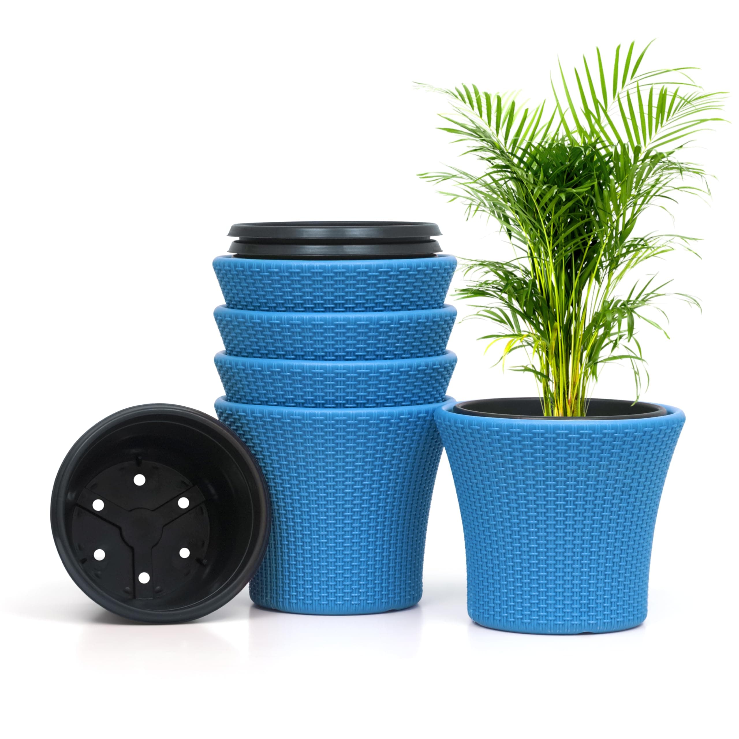 Livzing 11 inch Plastic Self Watering Flower Pots | Indoor & Outdoor Planters | Balcony Garden Pots | Self Watering System | UV Resistant | Reduce Maintenance | (Set of 5, Blue)