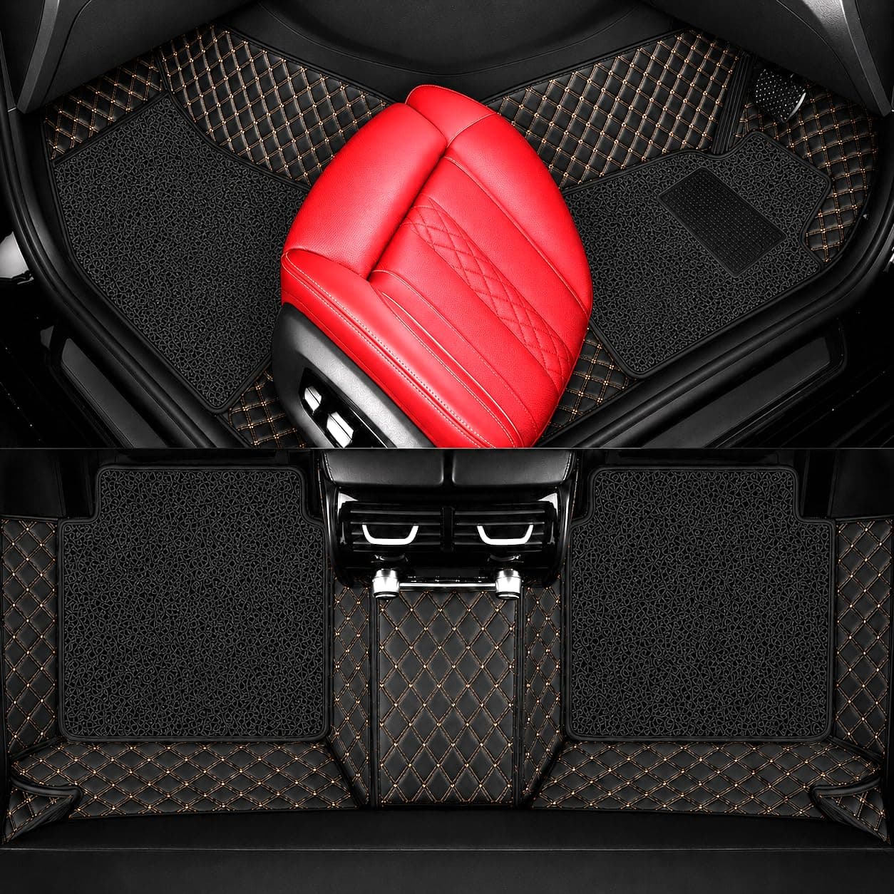 AutoClow Premium 7D Car Mat Full Set for Hyundai Verna (Model : 2023-2026) || Luxury Leather Dual-Stitch Full Set 7D Car Floor Mat || 100% Waterproof || Color : Black-Golden (Design-1)