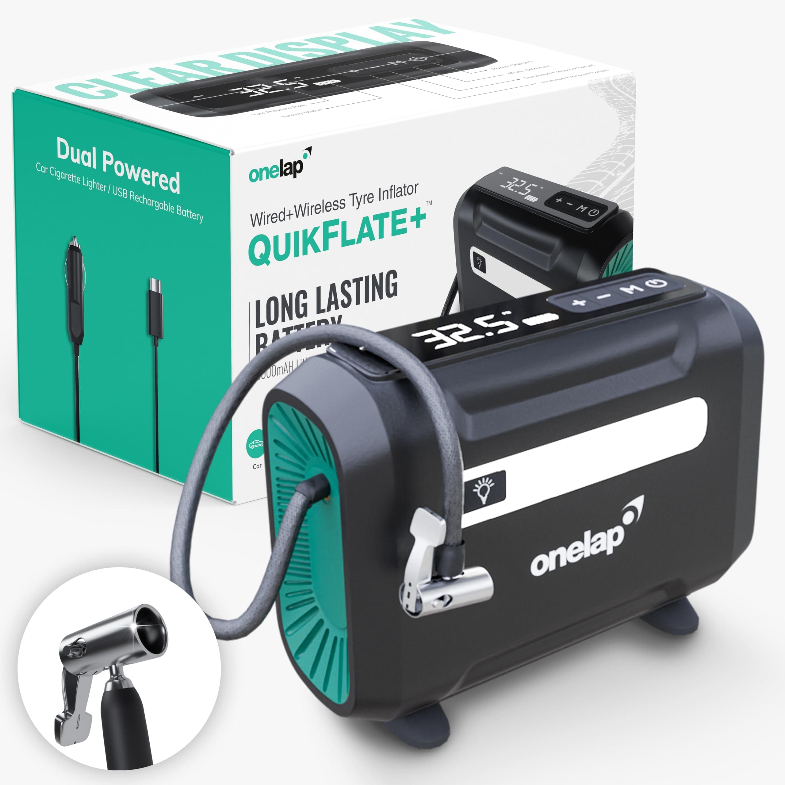 Onelap Quikflate Plus™ - Wired + Wireless (Real 7800 mAh Battery) SuperFast Digital Tyre Inflator with inbuilt Pressure Gauge for Cars, SUV, Bikes, Cycle, Balls, Balloons