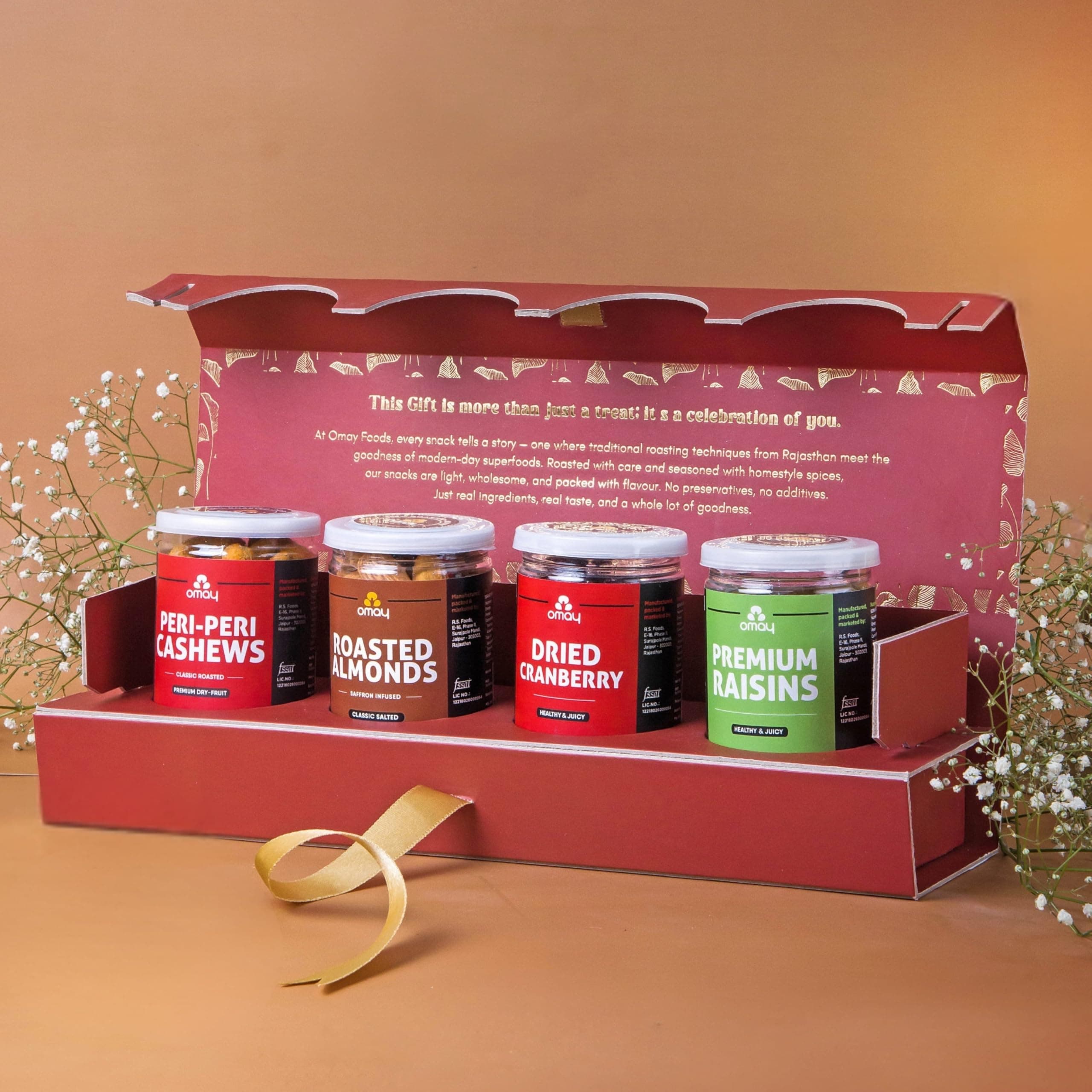 Omay Foods 4 Pcs Nutri Nuts Dry Fruit Gift Box | Peri Peri Cashews, Almonds, Cranberry & Raisins | Dry Fruit Hamper | Corporate & Personal Gift | Festive, Birthday & Anniversary