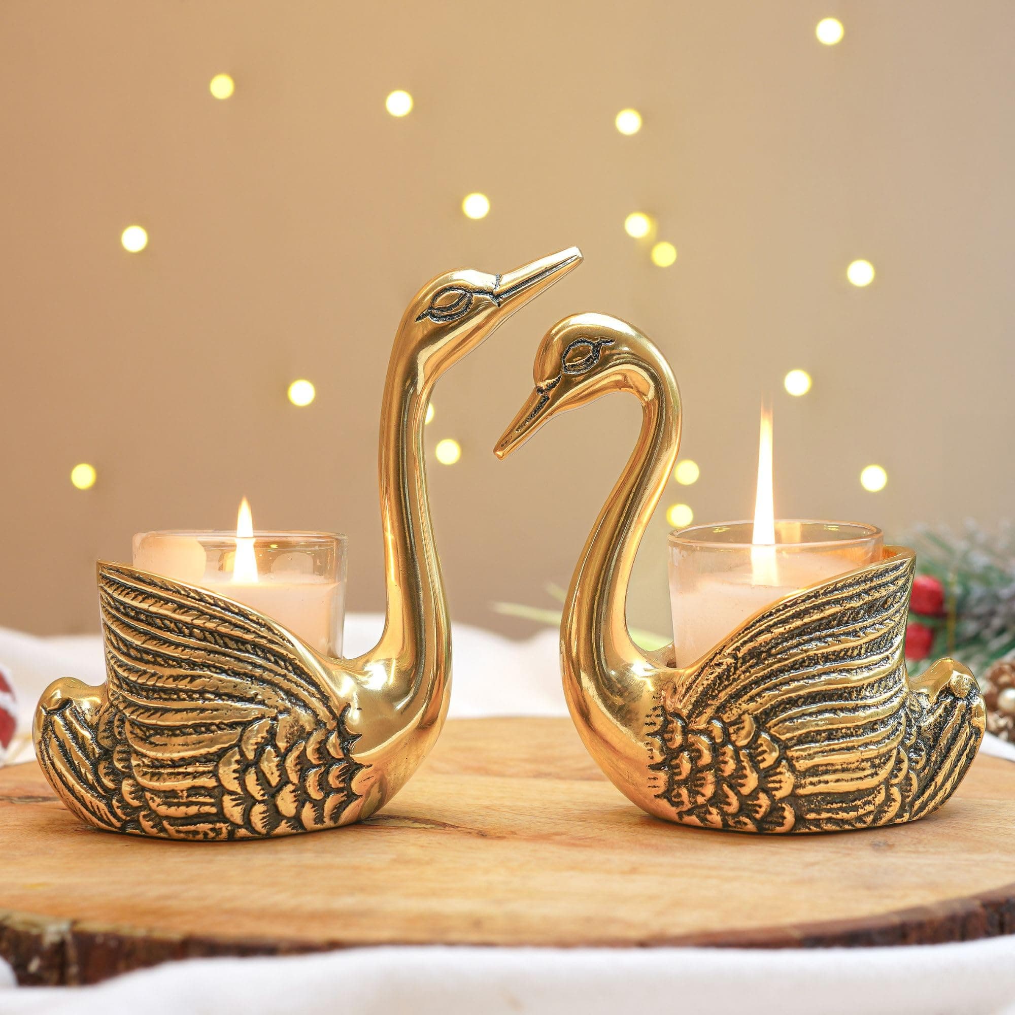 BEHOMA Aluminium Pair of Swans with Gift Box for Good Luck | Feng Shui Love Gifts Candle Holder for Home Decor Living Room | Showpiece Anniversary Wedding Gifts for Couple (Candles not Included) Gold