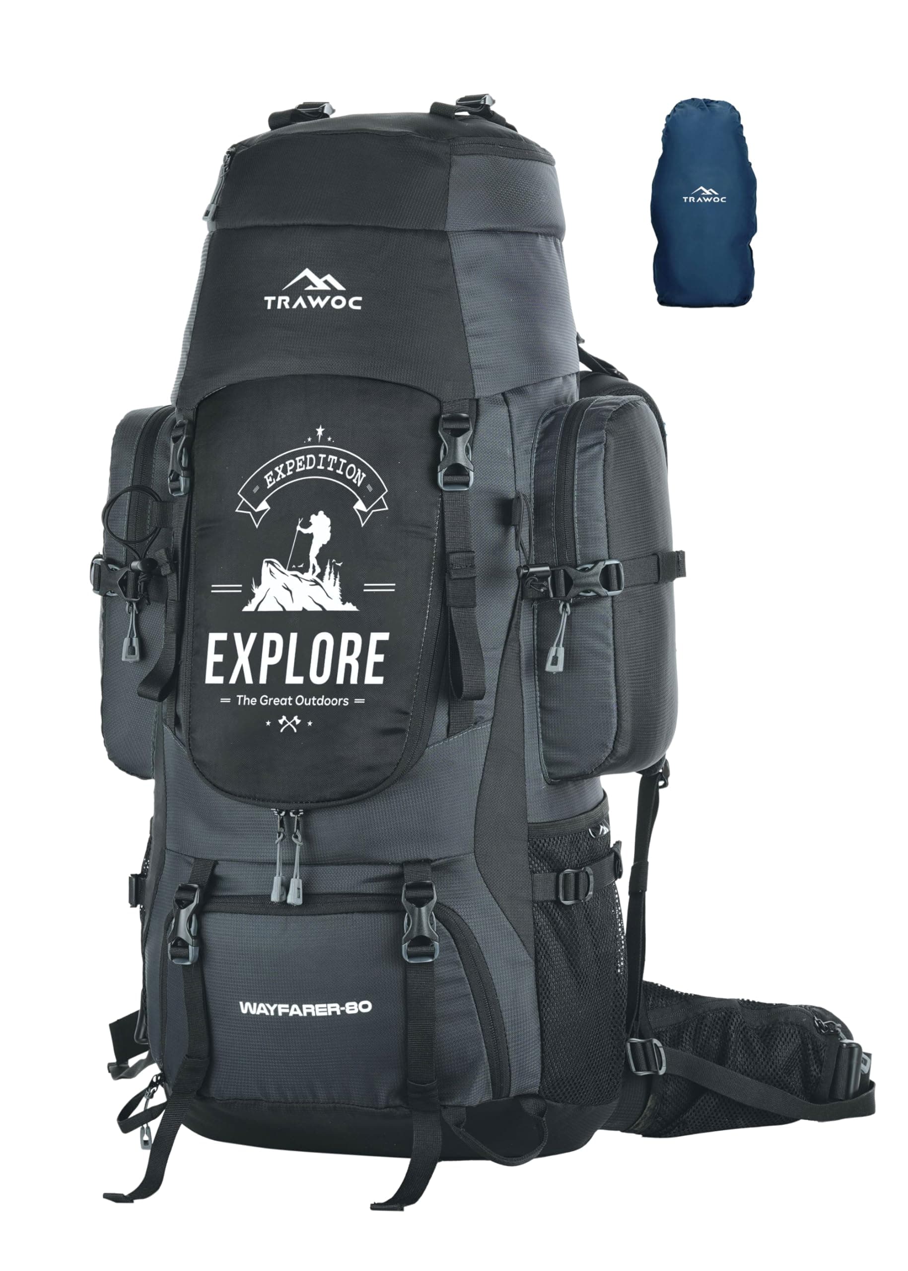 TRAWOC WAYFARER 80L Camping Hiking Trekking Bag Travel Rucksack for Men & Women with Rain Cover/Shoe Compartment BHK004, 3 Year Warranty (Grey Black)