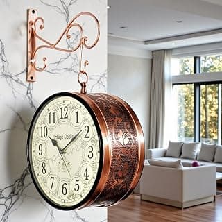 Vintage Clock Iron Handcrafted Double Side Analog Clock With English Numbers 1 Year Warranty (6 Inches Size, Rose Gold Finish, Floral Design, Vc-65471)
