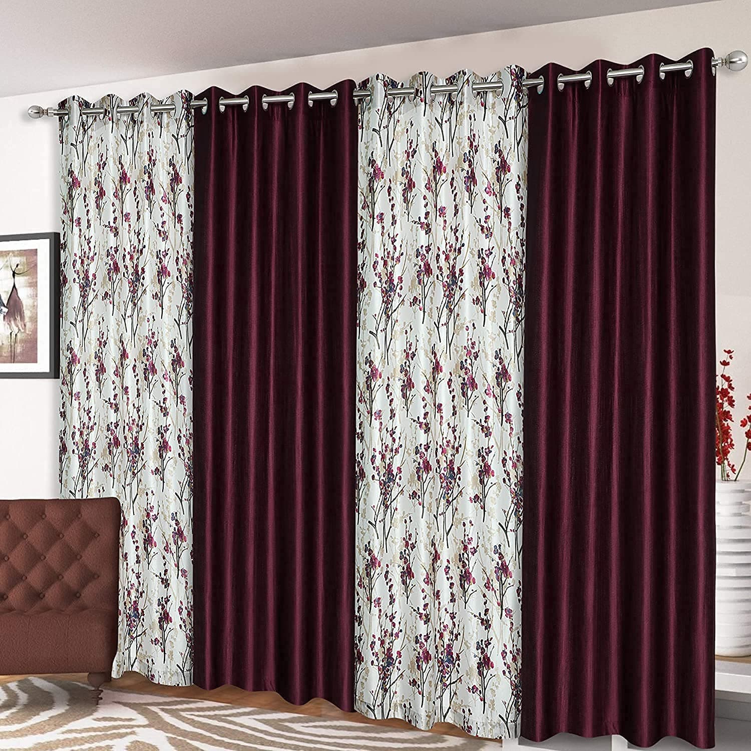 Banchmark Home Furnishings Eyelet Polyester Blend Curtain for Living Room and Bedroom (Window, Door, Long Door) - Set of 4 Piece (Door - 4 x 8 Feet, Wine)