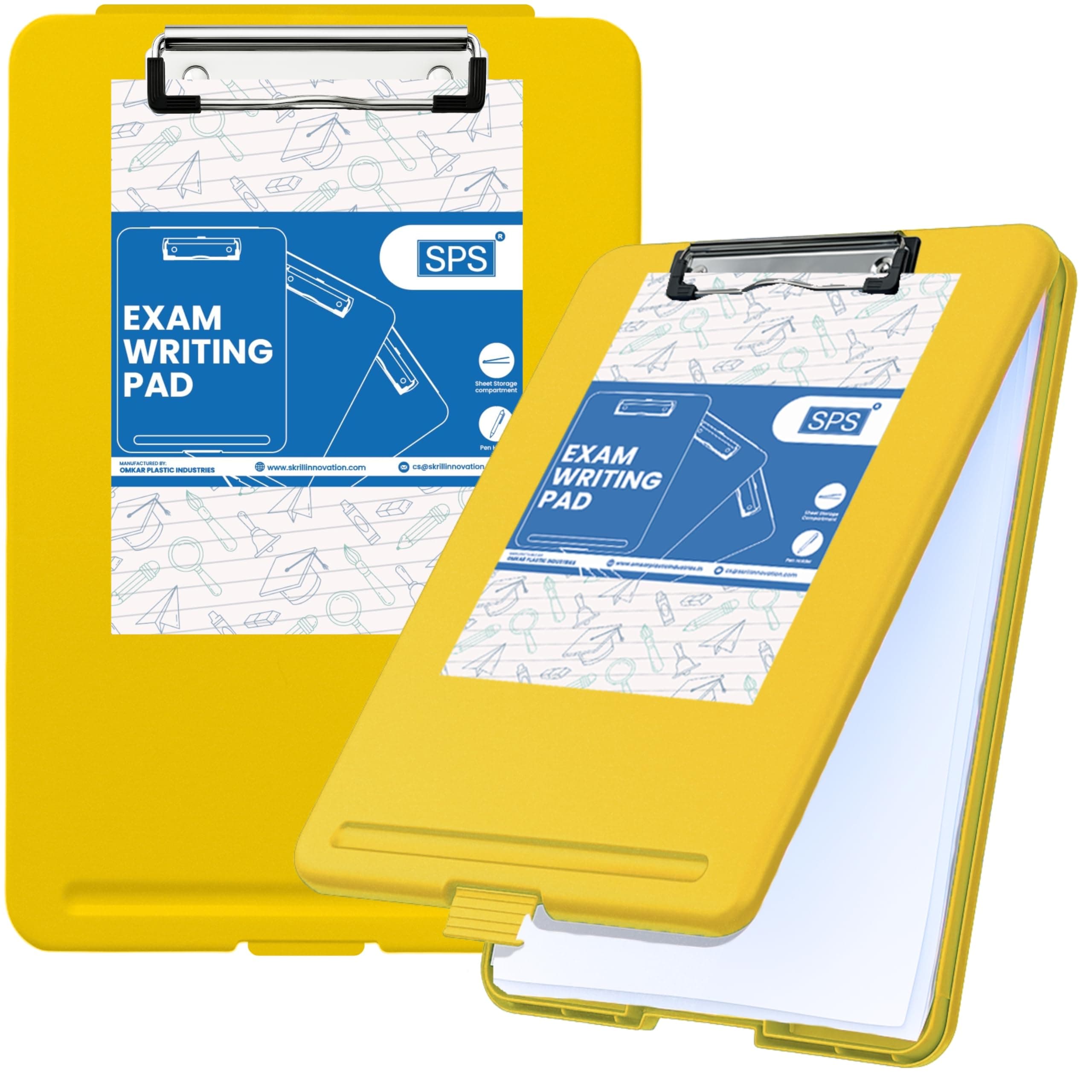 SPS Exampad A4 Plastic Clipboard with Built-in Storage and Pen Holder - Ideal for School, Office, Travel - Perfect for Students and Professionals, School and Office - Yellow