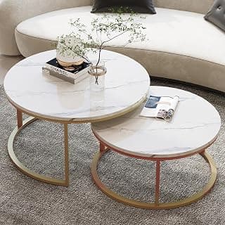 Modern Nesting Coffee Table Set of 2, Round Accent Coffee Table with Faux Marble Pattern Wood Top & Gold Metal Frame for Living Room Office Balcony Gold & White