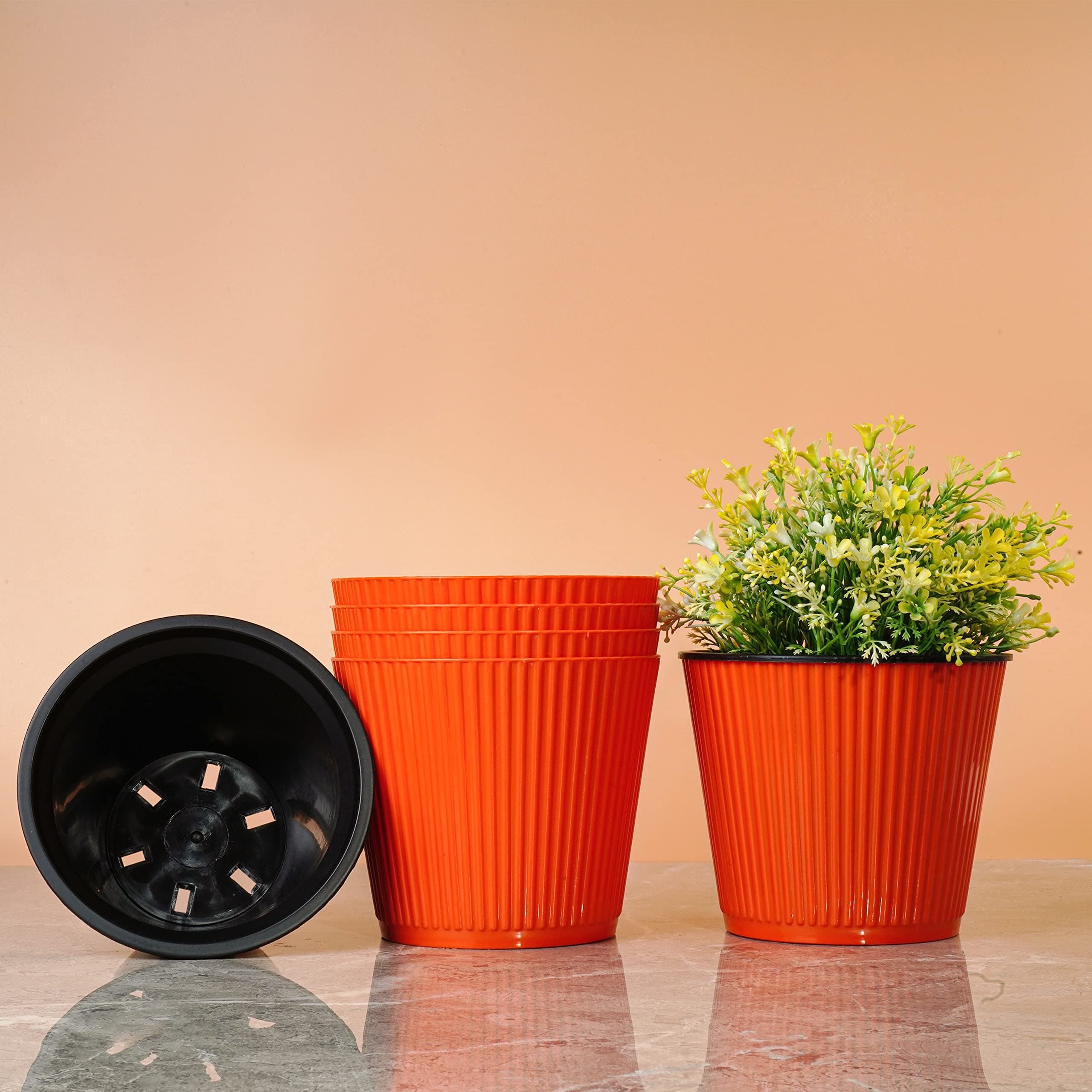 Livzing 6 inch Plastic Flower Pots Self Watering Pot Drain Holes Gamla Gardening Plant 6" Pot Gift Items Home Decor Planters Indoor and Outdoor Plant Container Set Balcony-Terrace (Set of 5, Orange)