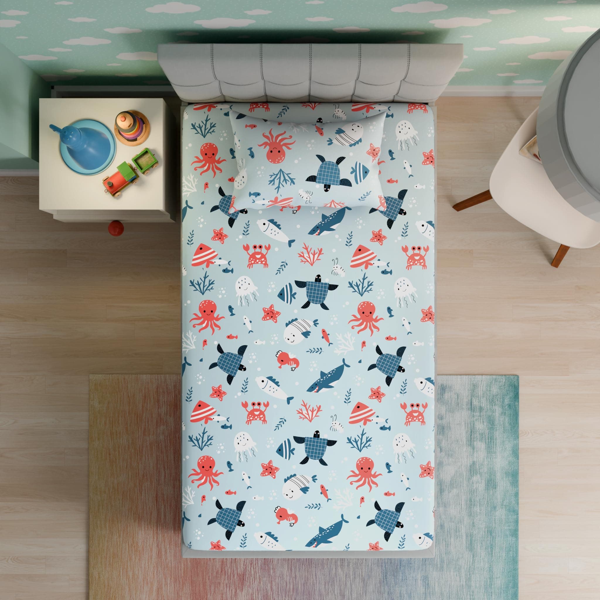 Wakefit 100% Cotton Kids Bedsheet | Super Soft | 160 TC Flat Bedsheet Set with 1 Pillow Cover | Single Size (90 x 60 inch) | Coral Dive