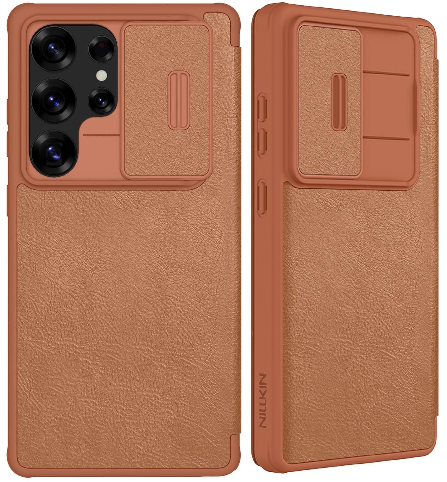 Samsung Galaxy S25 Ultra Case, [Slide Camera Cover] Classic Leather Flip Folio with Card Slots, Slim Protective Leather Phone Cover for Galaxy S25 Ultra 5G, Brown