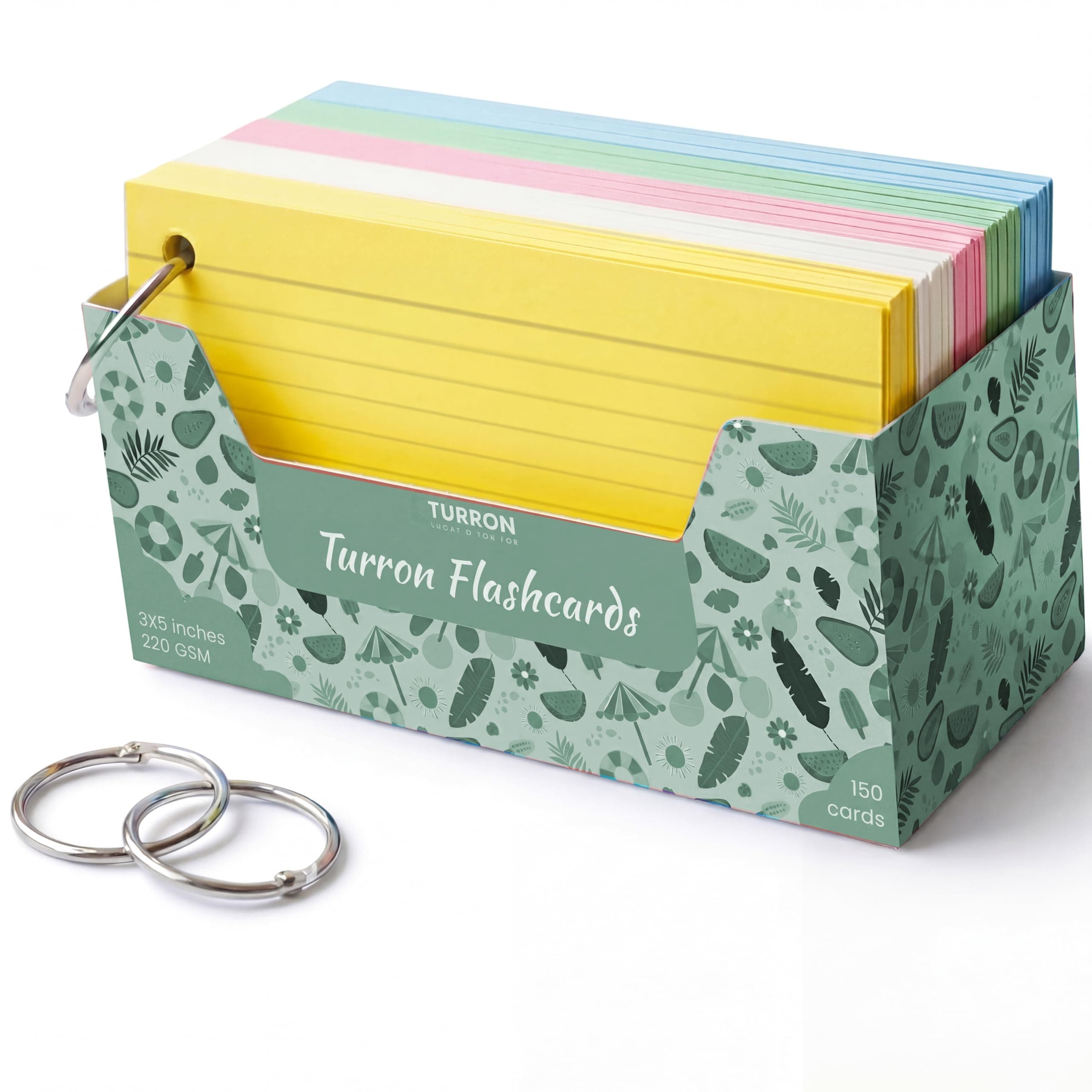 Turron Premium Blank Index Flash Cards | Punched with Binder Rings for Study, Notes & Revision (150, Multicolor, 3 x 5 Inch, 1-Side Ruled)