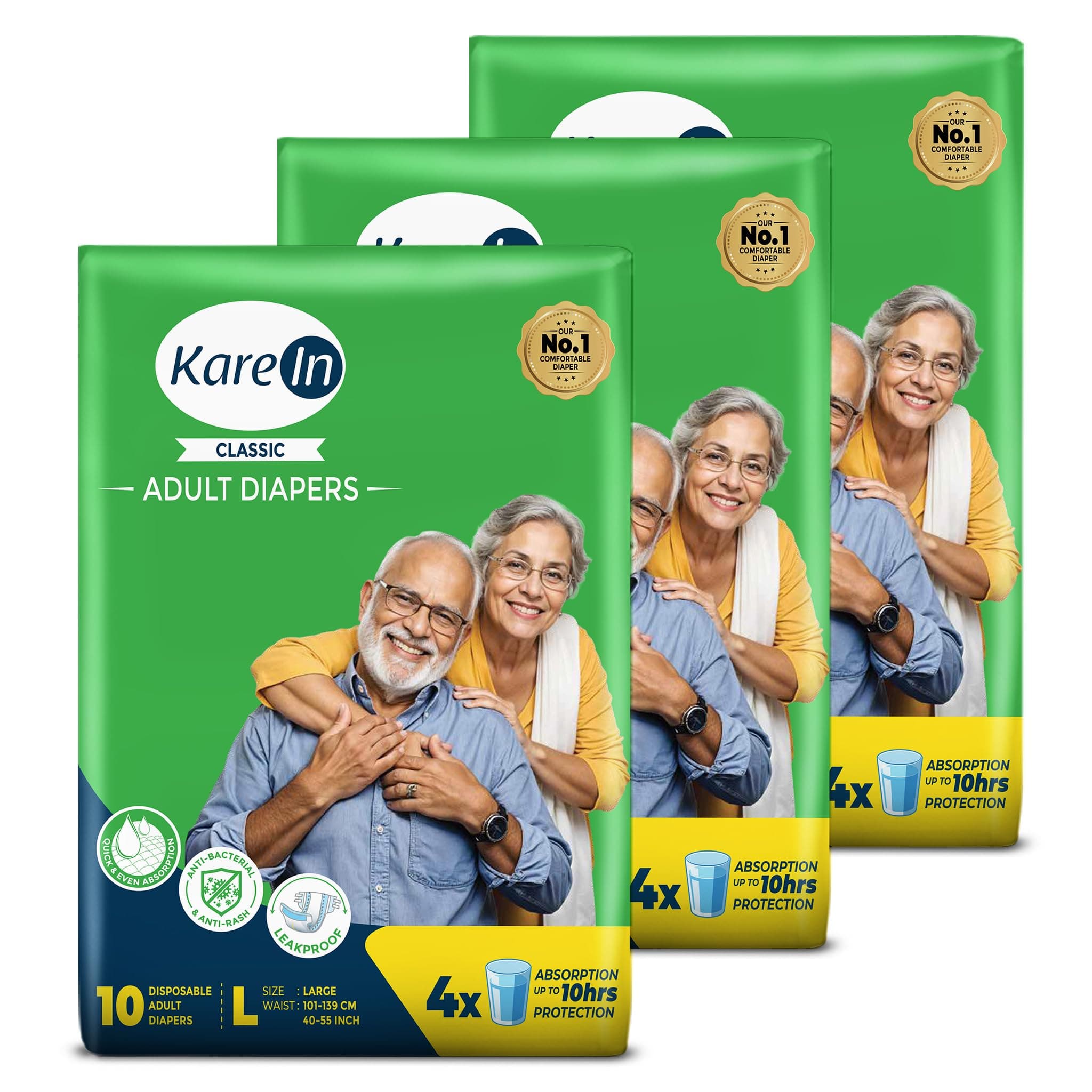 KareIn Classic Adult Diaper Tape L Size, Large, Waist (101-139 cm 40'-55'), 30 Unit, Long Protection Hour, Unisex, Quick & Even Absorption, Anti-Bacterial, Leakproof, Odour Control, Wetness Indicator