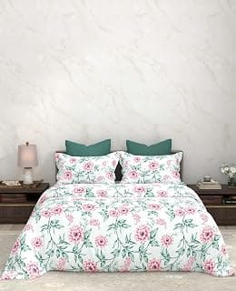 Bombay Dyeing Floral Bedsheet Set with Pink Dahlia Print, White Base with Green Leaves, Double Size