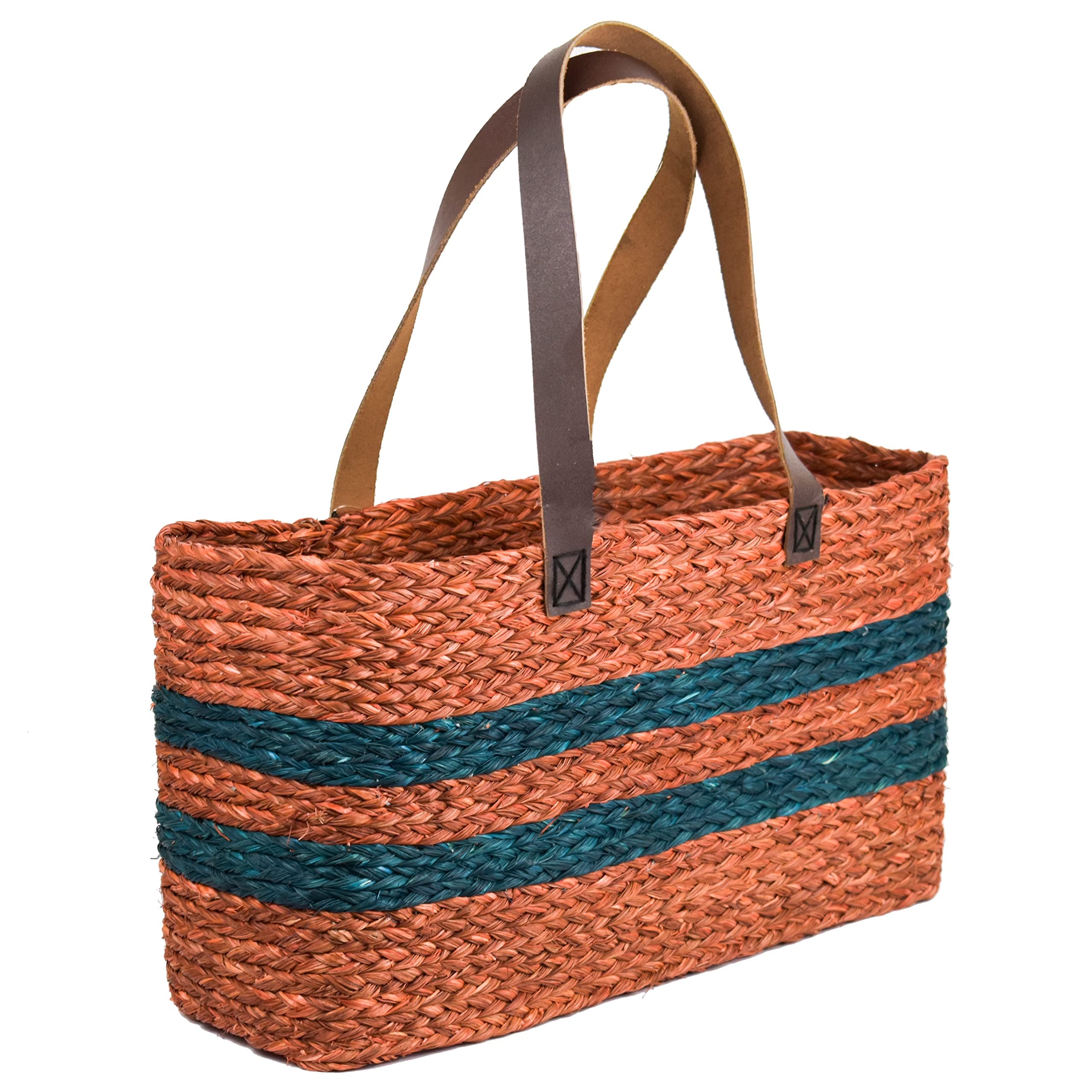 KADAM HAAT Handmade Sabai Grass Shopper Bag With Leather Handle | Stylish Eco-Friendly Multipurpose Folding Babui Shopping Bag for Women | Suitable for Travel or Work