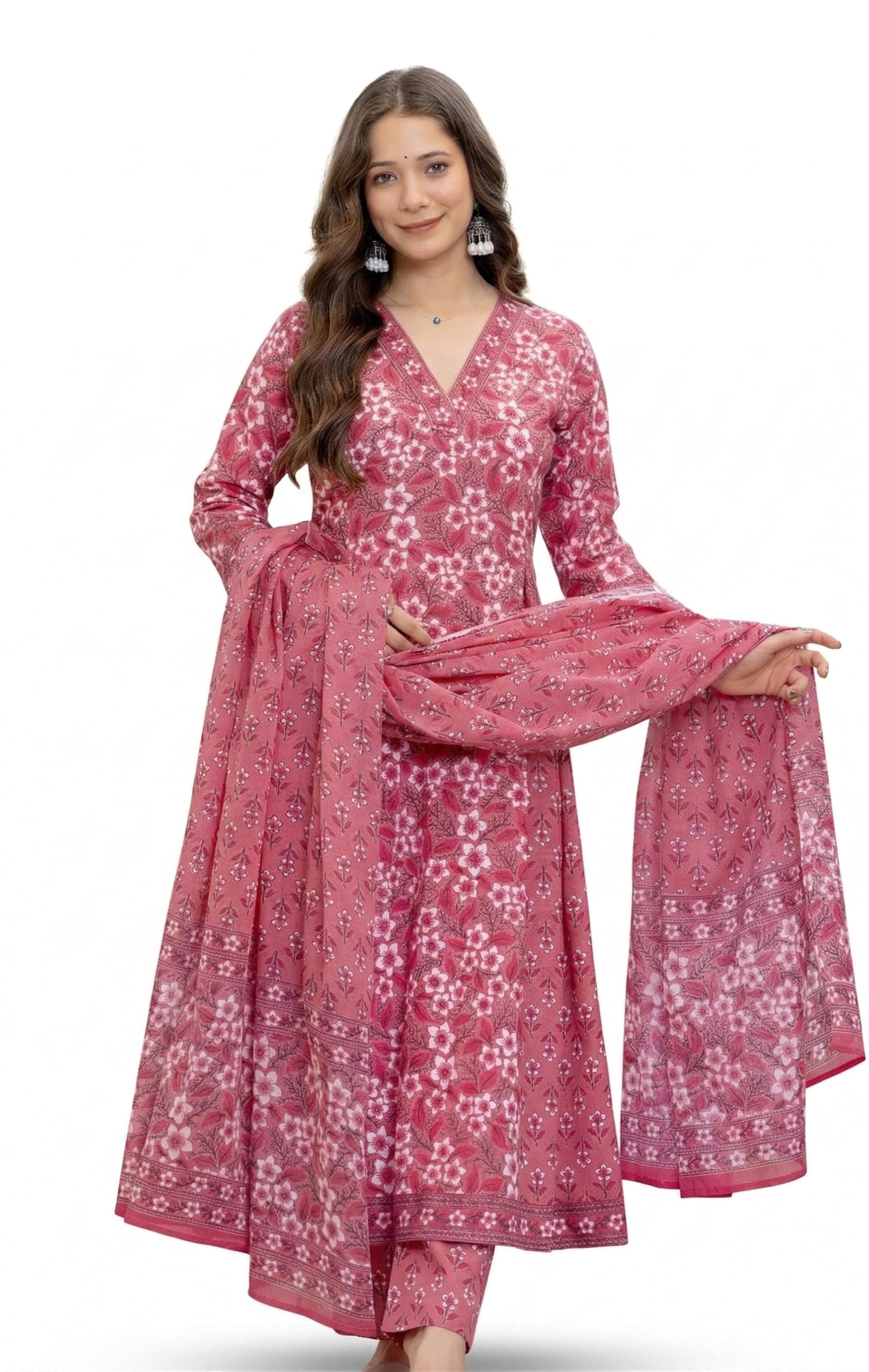 Aradhika Women's Pure Cotton Printed Anarkali Kurta with Pants and Dupatta | 3 Pieces Ethnic Wear for Women | Casual, Festive & Dailywear | Soft & Breathable Kurta Suit Set.