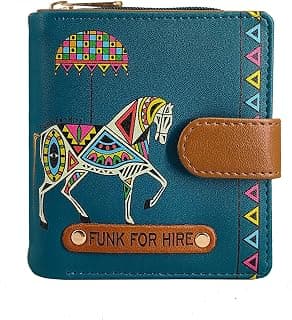 Funk For Hire Women’s Compact Wallet in Petrol Blue – Stylish Cartoon Print Leatherette Purse with Card Slots, Coin Pocket & Magnetic Closure – Handcrafted in India