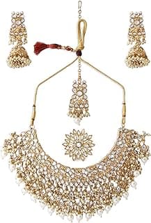 ZAVERI PEARLS Gold Tone Kundan Choker Necklace Earring Maangtikka & Ring Set For Women-ZPFK10799