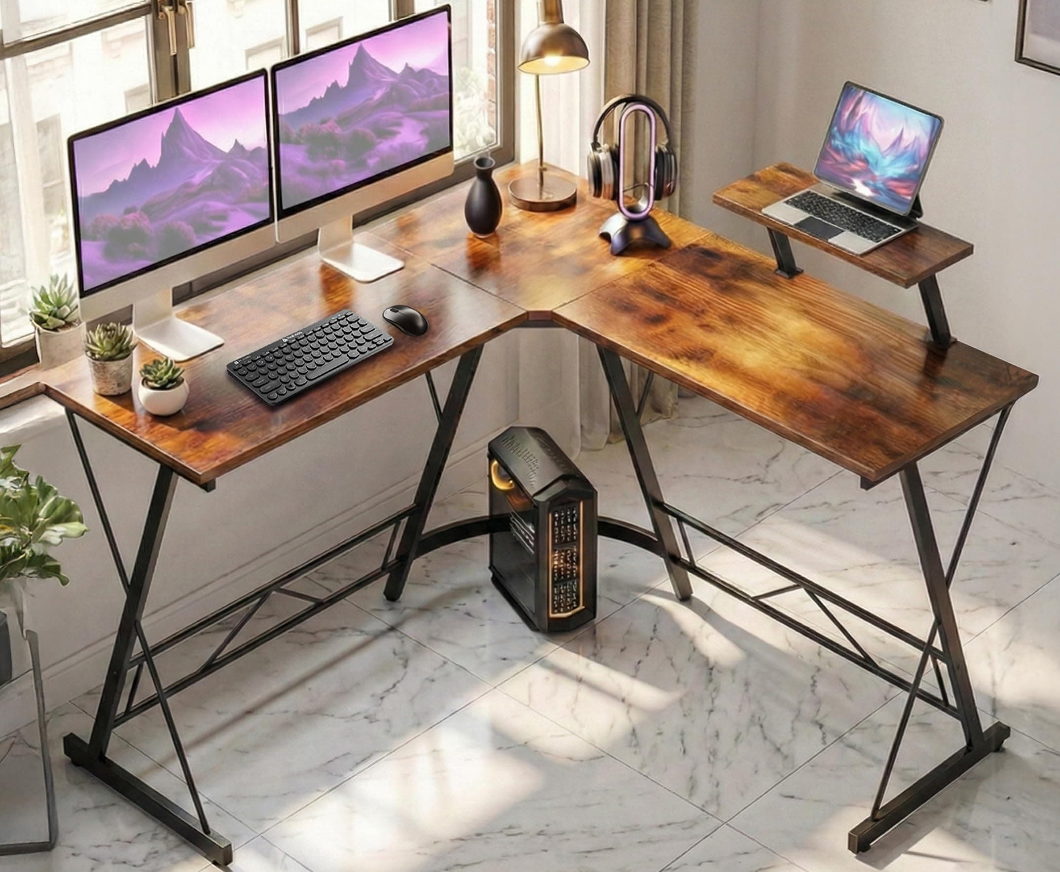 White Mulberry L Shaped Computer Table | Spacious L Shape Study Table For Home with Monitor Raising Shelf, Engineered Wood Top & Steel Legs for Home, Office, Gaming & Study, Brown, (130+130)*45 * 77cm