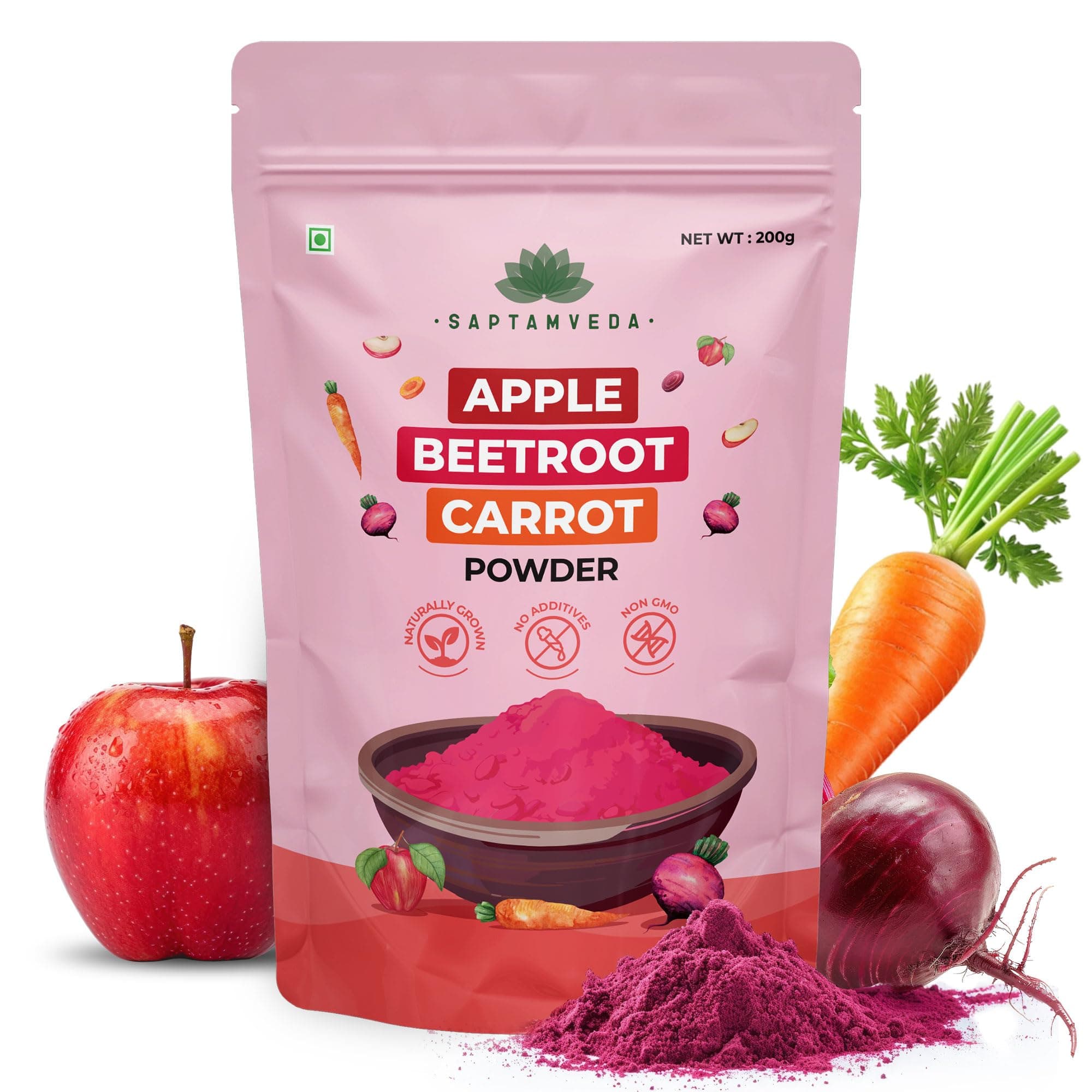 SAPTAMVEDA ABC Powder 200g – Apple Beetroot Carrot Superfood | Supports Immunity, Skin Glow, Energy & Heart Health | High in Antioxidants & Fiber | 100% Pure & Preservative-Free.