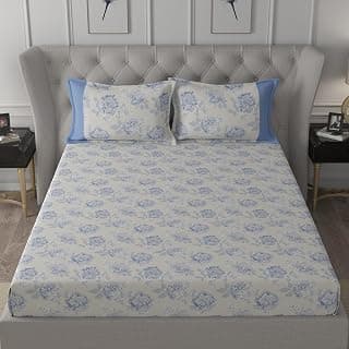 maspar Silvie 100% Cotton Bed Sheet Set, Bed Sheet (275 x 275 cm) with Two Pillow Covers(50 x 75 cm), King, Blue