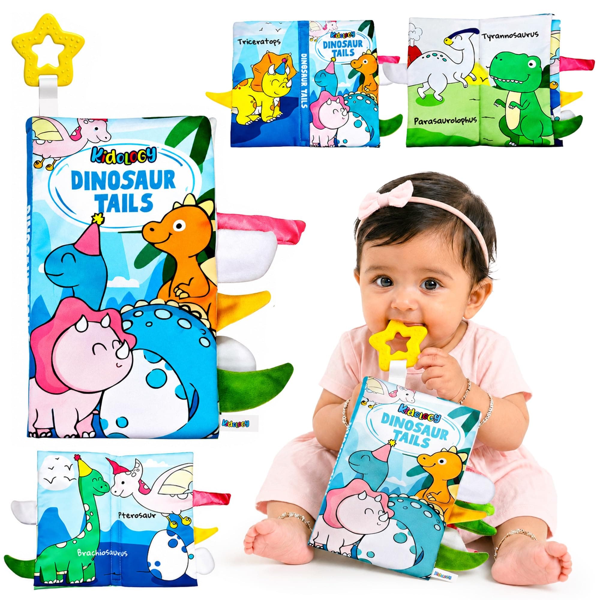 Kidology Dinosaur Tails Baby Cloth Book for 0-3 Years | Builds Tummy Time Strength & Dinosaur Vocabulary | 3D Crinkle Tails Teether Sensory Book | Montessori Early Learning Gift Boys & Girls