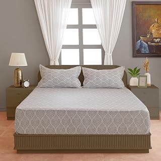 Swayam Ananda Collection Ethnic Motifs 210 TC Pure Cotton King (90"x108") Bedsheet Set with 2 Pillow Covers | Grey & White