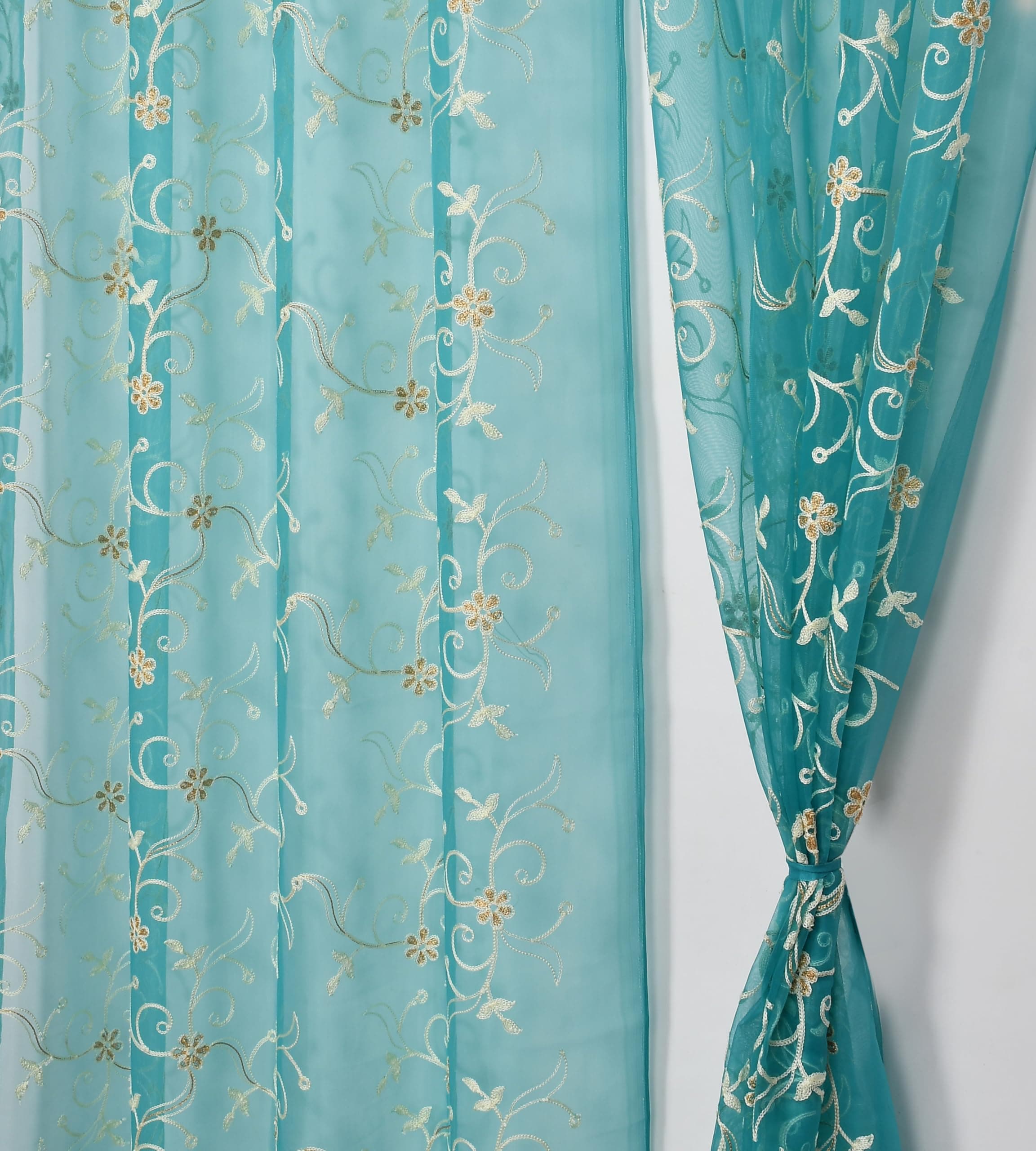 Fabrilia Floral Pattern Embroidery Tissue Net Sheer Transparent Curtains for Window 5 feet Long Set of 2, Teal Blue