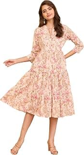 Janasya Women's Light Pink Pure Cotton Floral Printed Tiered Dress