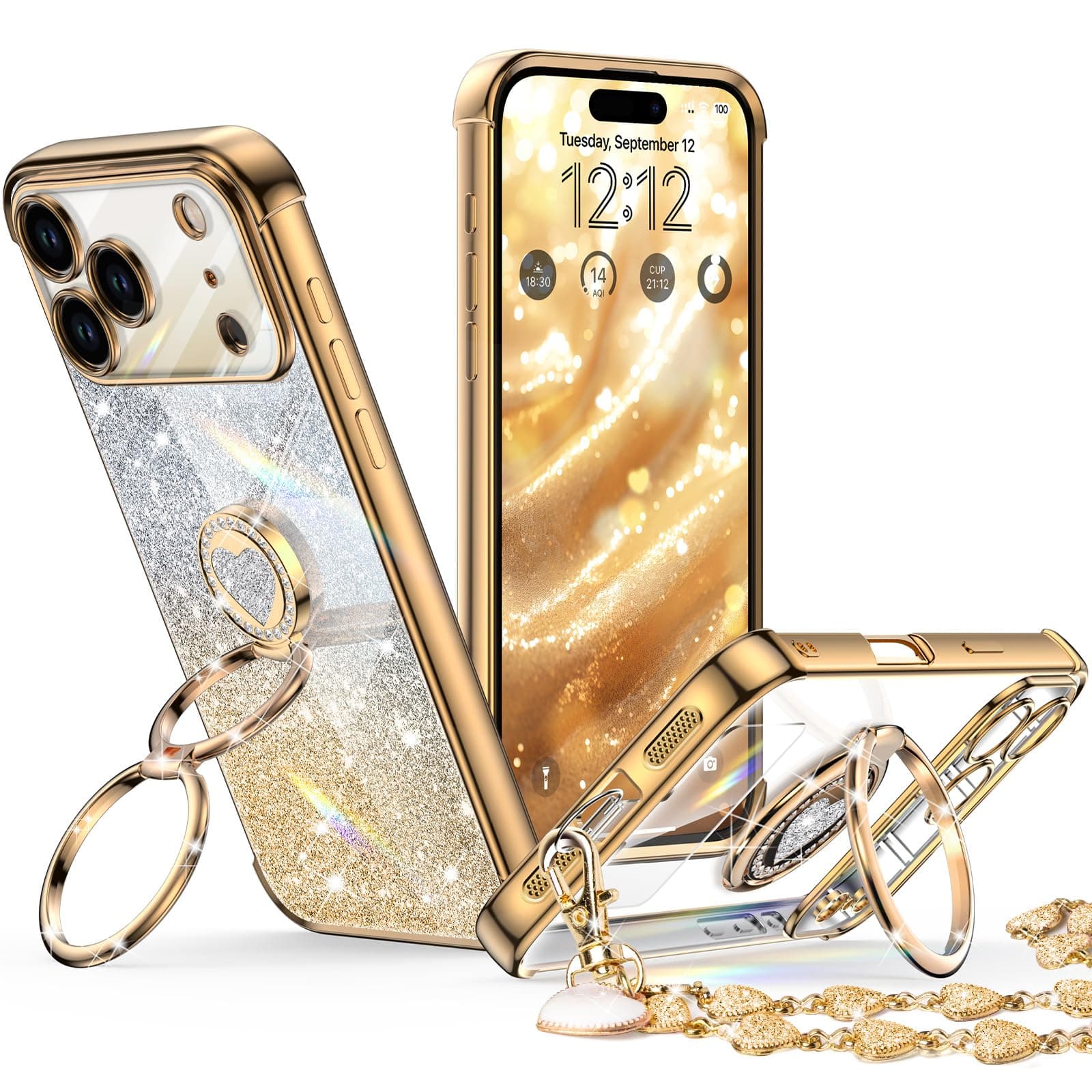 XYZ for iPhone 17 Pro Max Back Cover Case with Stand, Phone Case with Double Ring Kickstand, Women Girls Bling Luxury Glitter Clear Phone Case Cover Heart for Apple 17 Pro Max, Gold