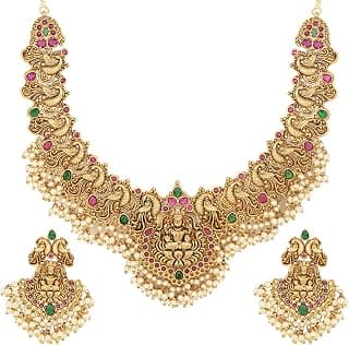 Shining Diva Fashion Latest Stylish Fancy Pearl Choker Traditional Jewellery Set for Women | Temple Necklace Set | Festive Wedding Party Necklace | 22k Gold Plated | Just Like Original Gold Jewellery