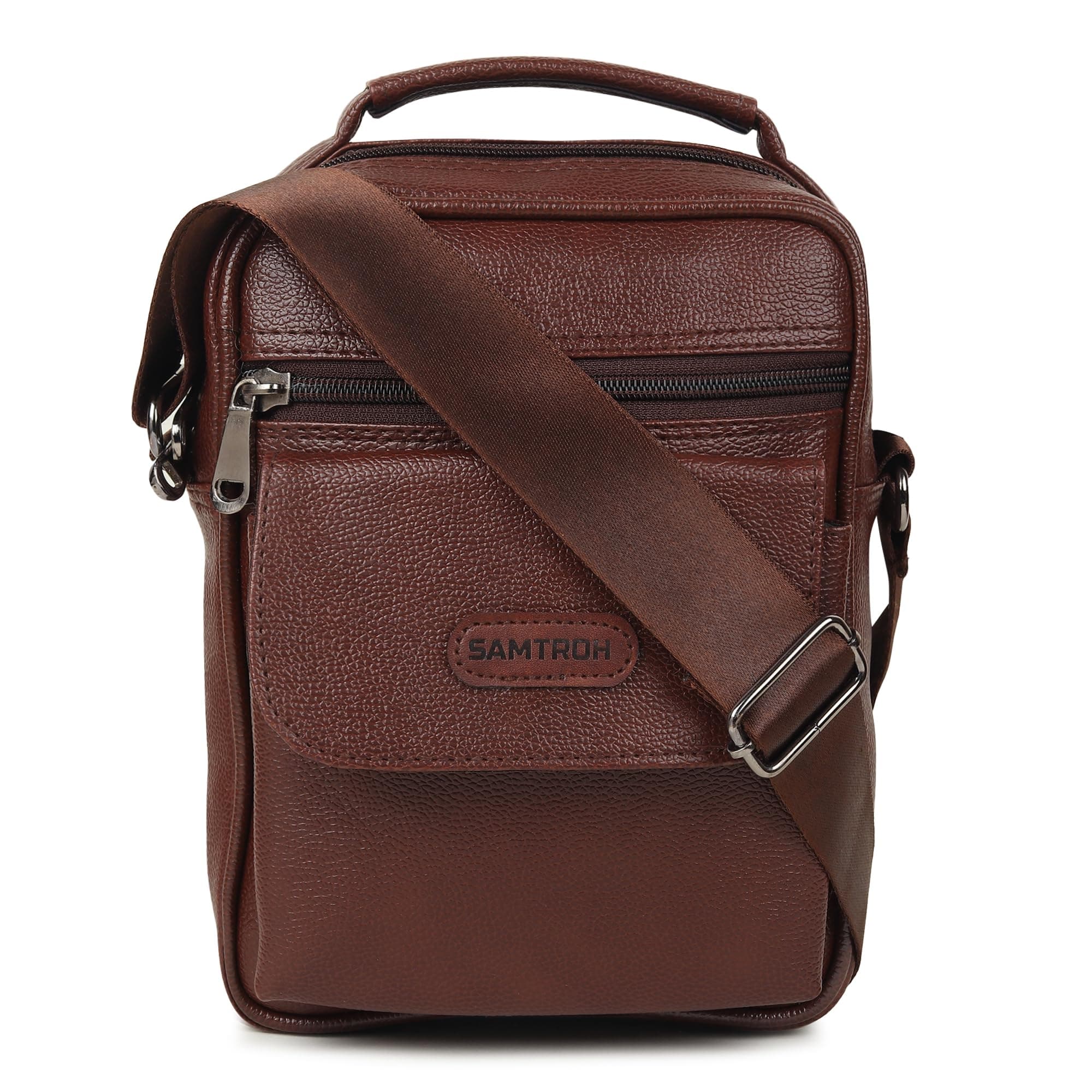 SAMTROH Vegan Leather Small Sling Bag for Men | Chest Slinger Bag | Crossbody Bag| Side Bag Men | Mini Leather Slings | Corporate Gift Item | Passport Sling. (Brown)