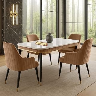 4-Seater Modern Wooden Dining Table Set | 2 Year Warranty | Created Italian Statuario Marble Top | Elegant Marble Table with 4 Chairs (Brown)