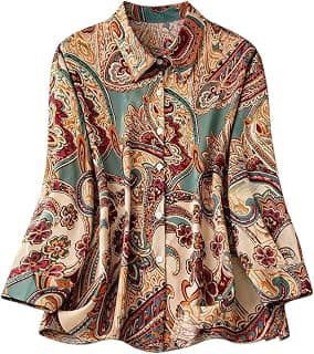 RIEKA Women's Casual Button Down Shirt in Beige with Multicolor Paisley Floral Print Long Sleeve Relaxed Fit Collared Top
