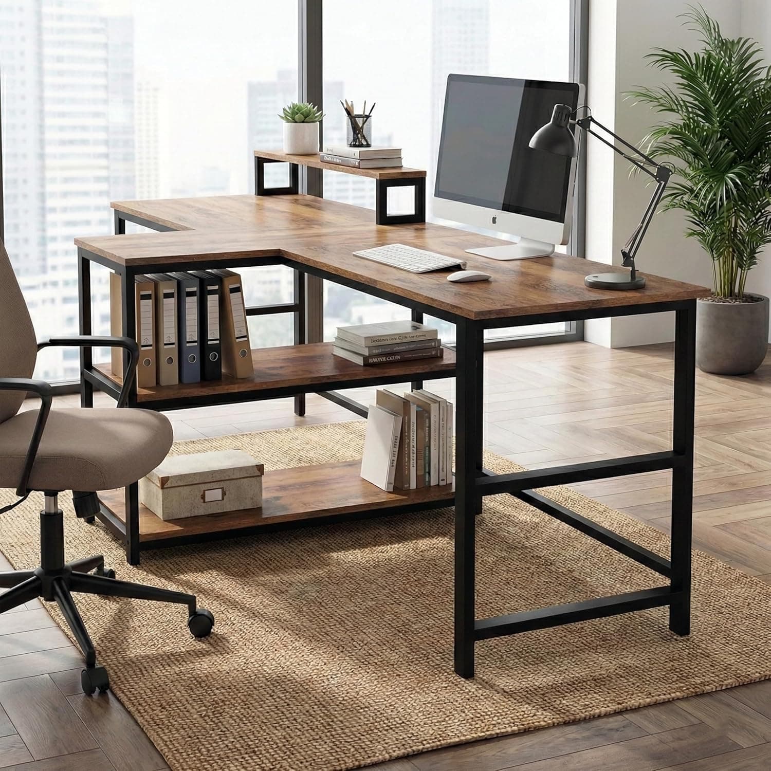Klaxon L Shaped Study Table for Students and Adults/Computer Table for Home-Office/Gaming Table/Computer Desk for Corner - Wood & Metal (Christo-Forest Dark & Black, DIY Installation)