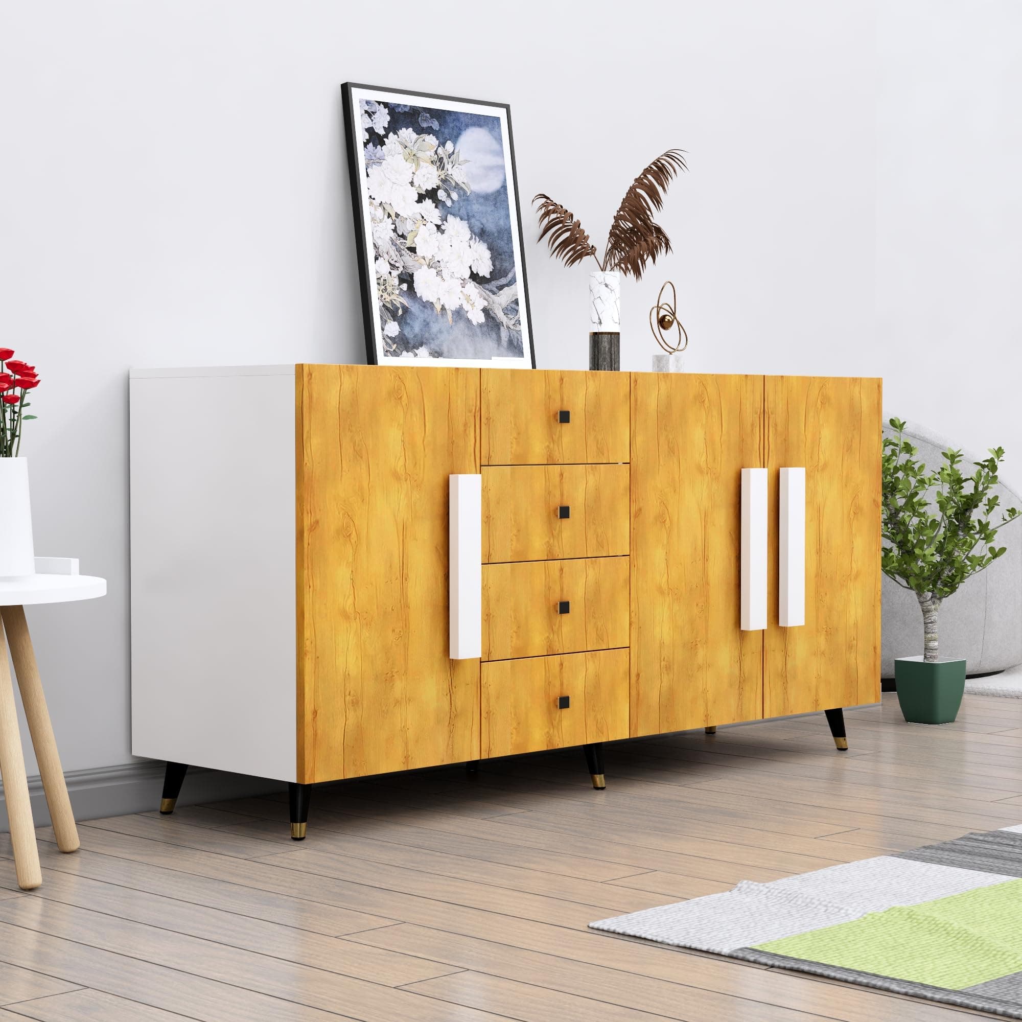 Bniture Wooden Sideboard Cabinet for Living Room | Wooden Storage Cabinet with 3 Door & 4 Drawers | Engineered Wood Multipurpose Cabinet with Spacious Shelves for Home | Frosty White & Giant Wood